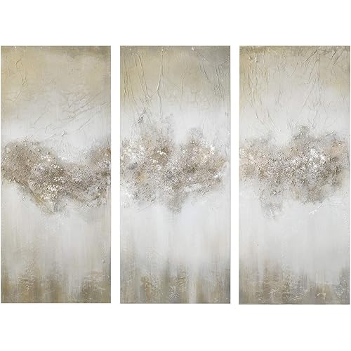 Madison Park Wall Art Living Room Décor - Embellished Hand Painted Canvas, Home Accent Glitter Abstract Bathroom Decoration Ready to Hang Painting for Bedroom, 15"W x 35"H x 1.5"D, Taupe 3 Piece