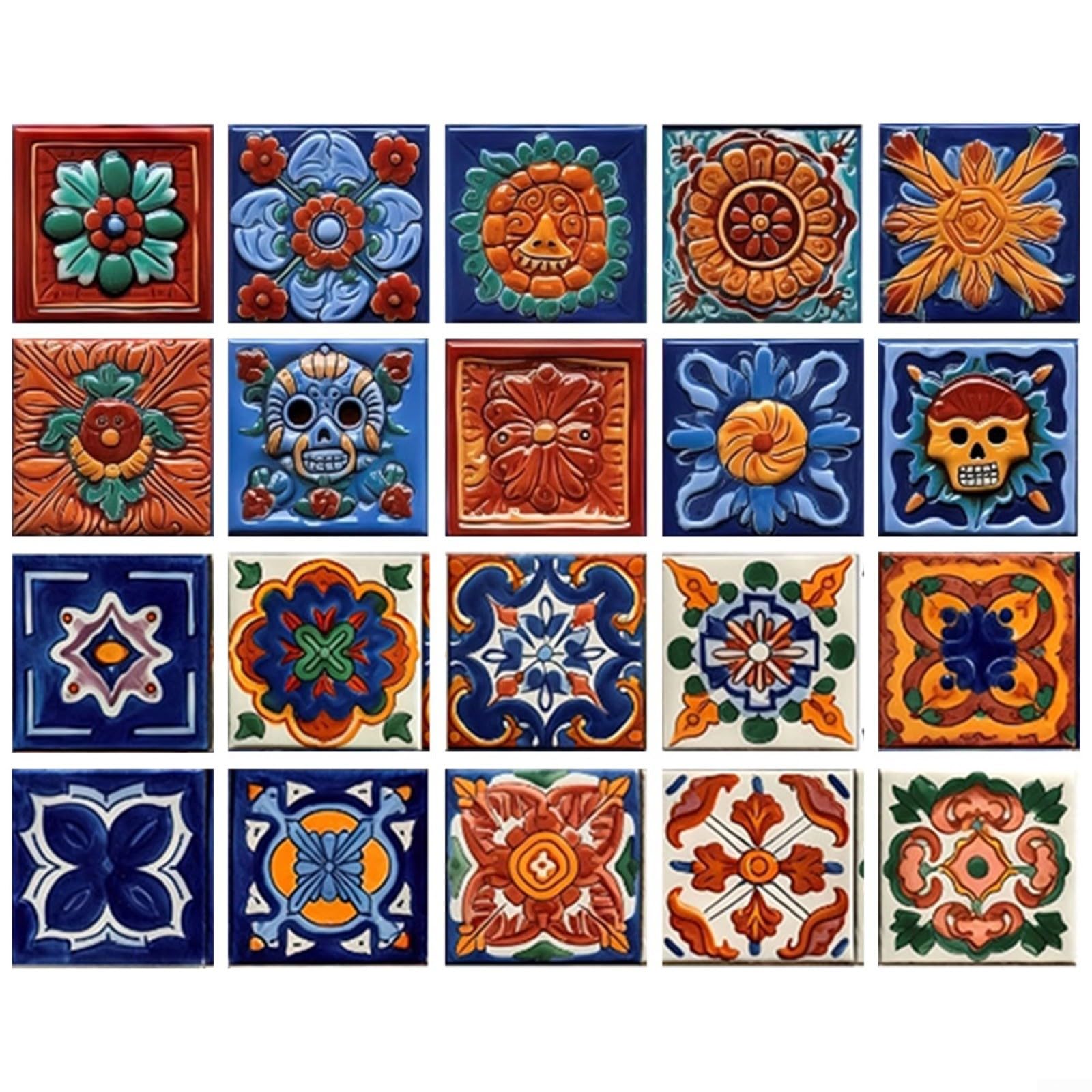 20pcs Mexican for Tile Stickers PVC Peel and Decals Kitchen Bathroom Wall Furniture DIY Home Decor 3.93x3.93in Assorted Colors Adhesive Tiles
