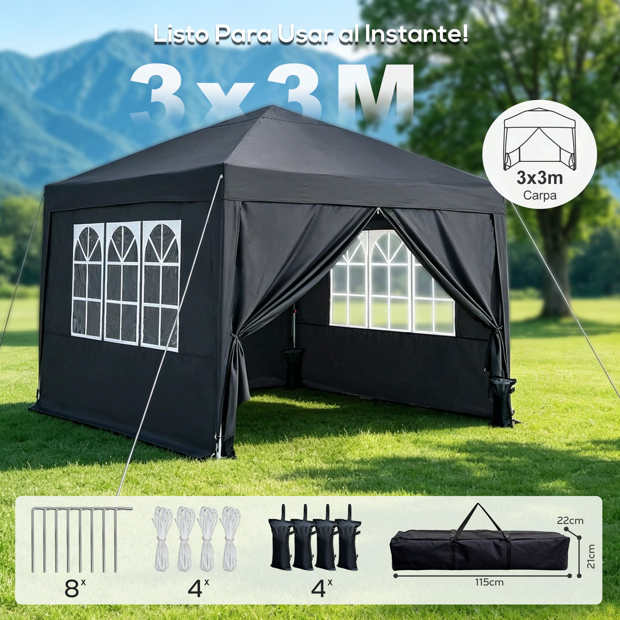 3x3 Plegable Gazebo, Carpas para Exteriores con 4 Paredes Laterales, Carpas Camping, Impermeable & Altura Ajustable – Ideal como Tienda de Fiesta, Camping