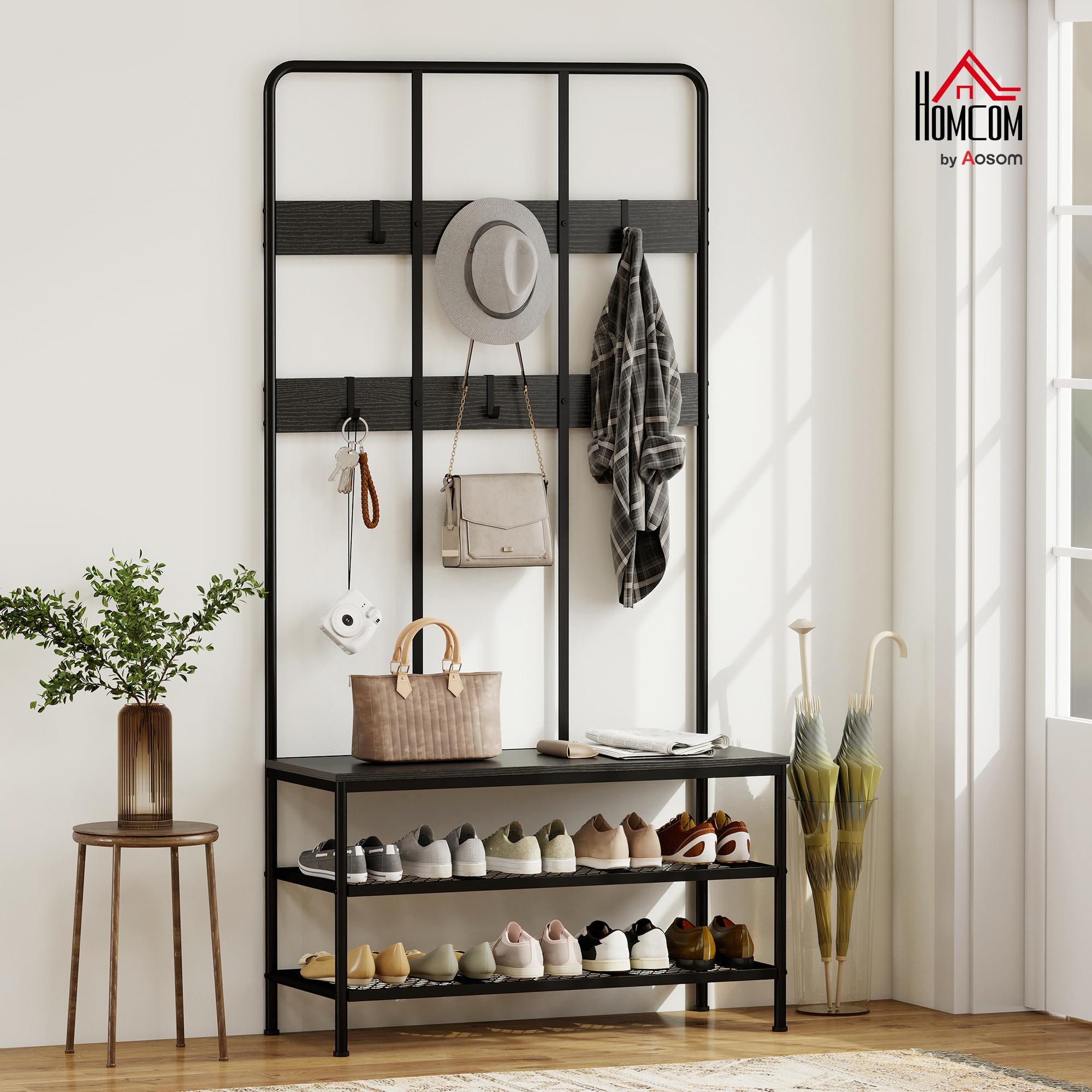 HOMCOM Appendiabiti da Ingresso 3 in 1 con Scarpiera 91x36x180 cm Nero | Attaccapanni Stile Industriale con Panca, 6 Ganci, 2 Ripiani Porta Scarpe