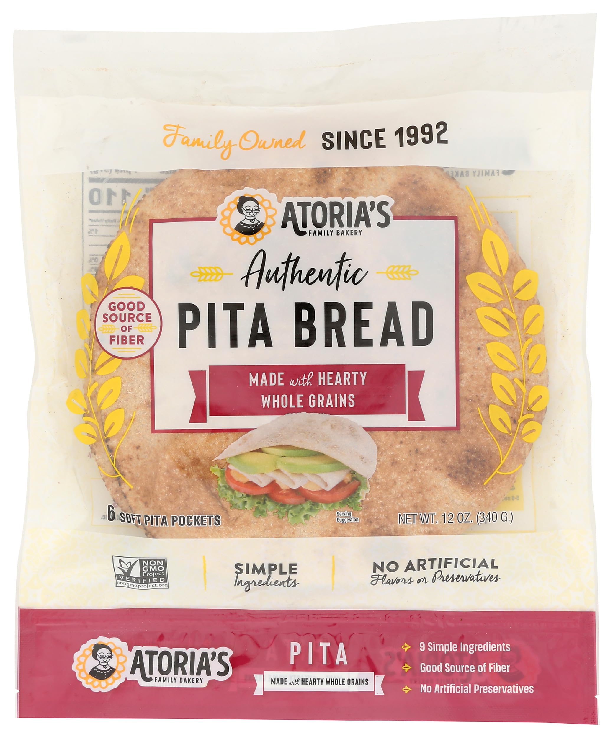 Atoria's Family Bakery, Pita Whole Grain 6 Count, 12 Ounce