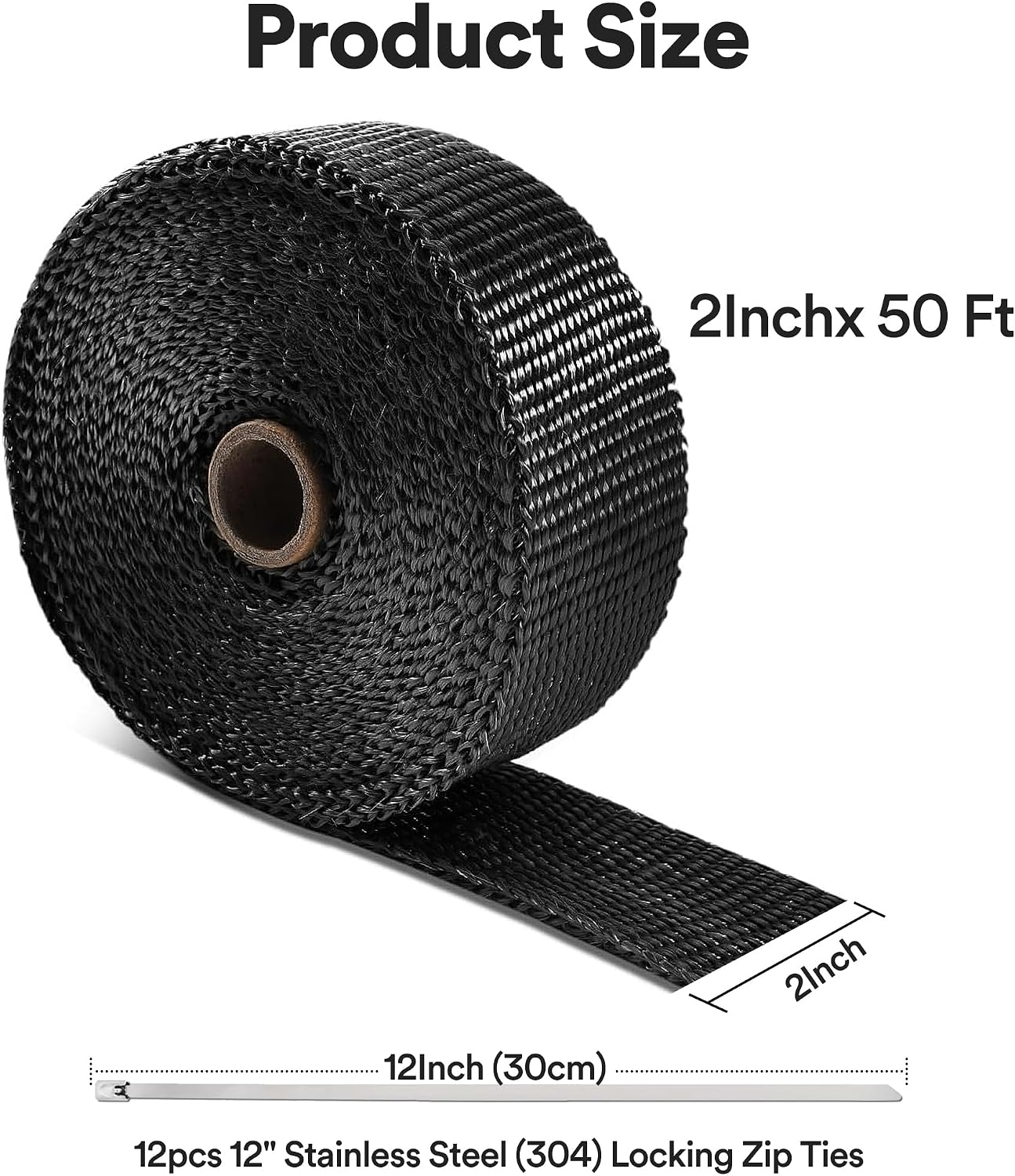 Exhaust Heat Wrap, 2" x 50' Heat Shield Tape with Stainless Ties for Motorcycle (Black 2" x 50')