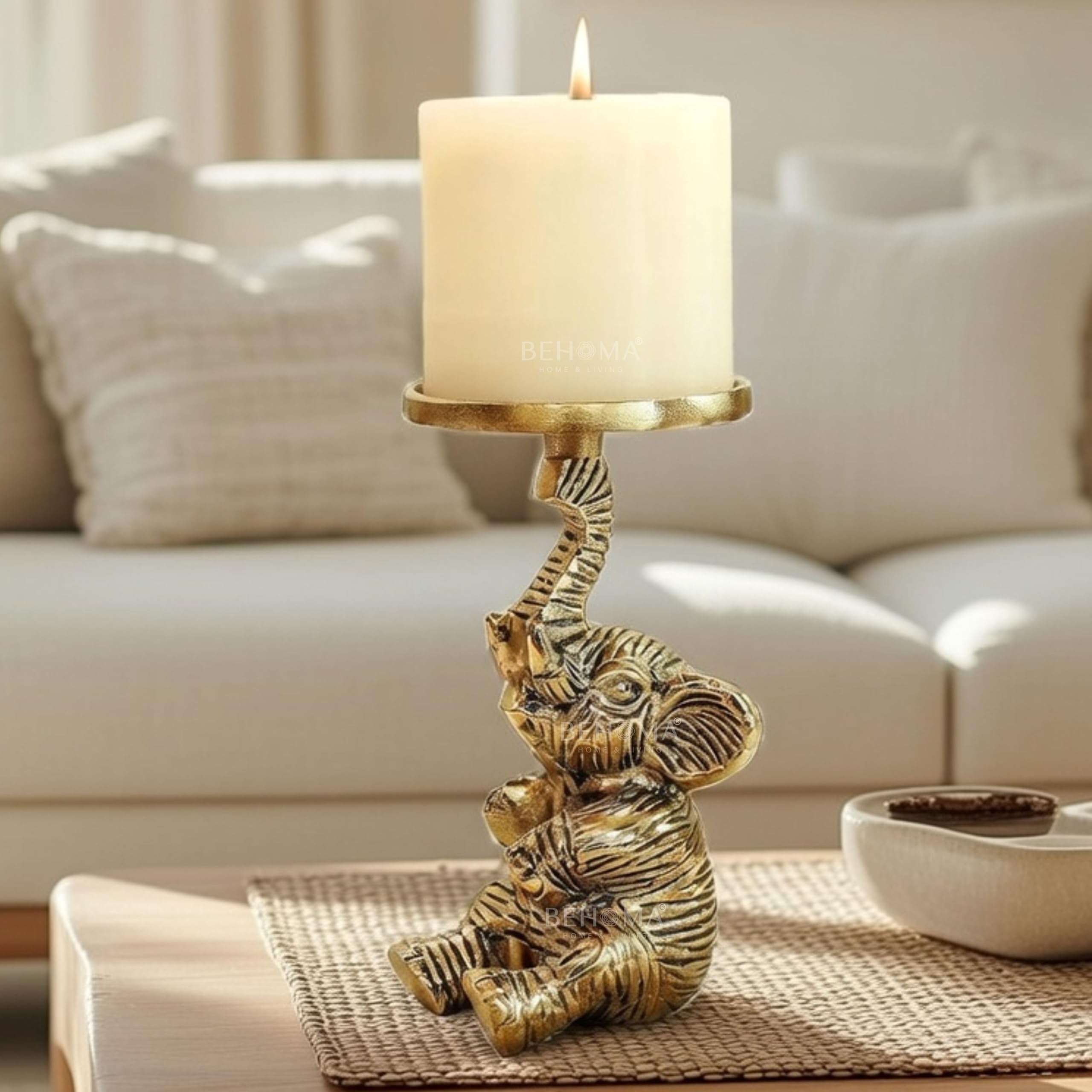 BEHOMA Aluminium Elephant Pillar Candle Holder for Home Decor | Tabletop Showpiece for Gifting - Gold (Candle Not Included)