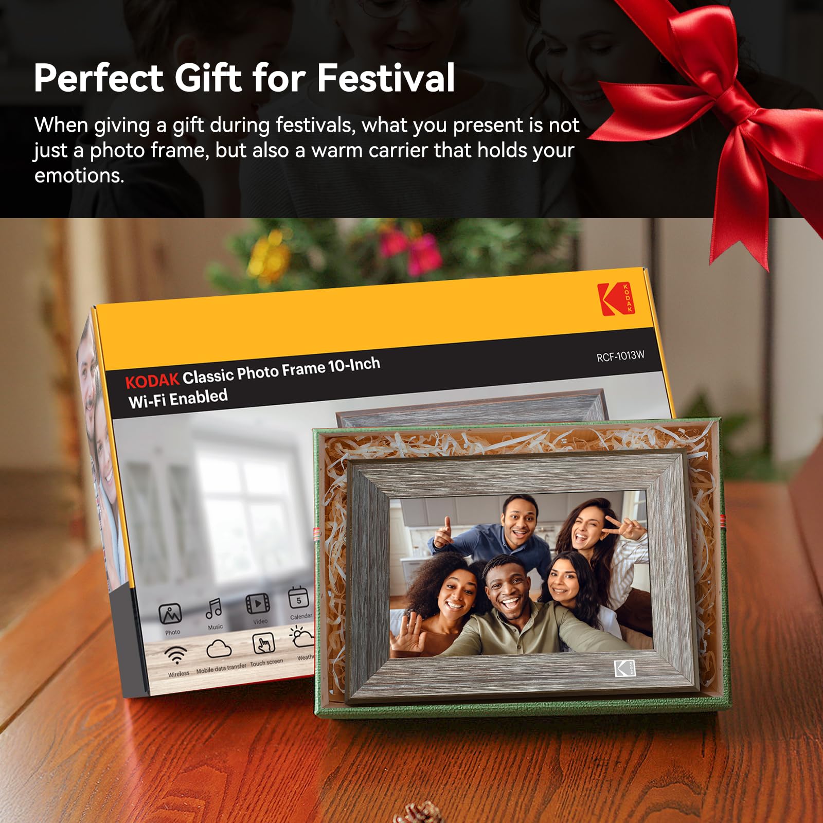 KODAK Wooden WiFi Digital Picture Frame, 32G 10.1 Inch Digital Photo Frame 1280x800 HD IPS Touch Screen, Auto-Rotate, Share Photos and Videos via KODAK App, for Friends and Family