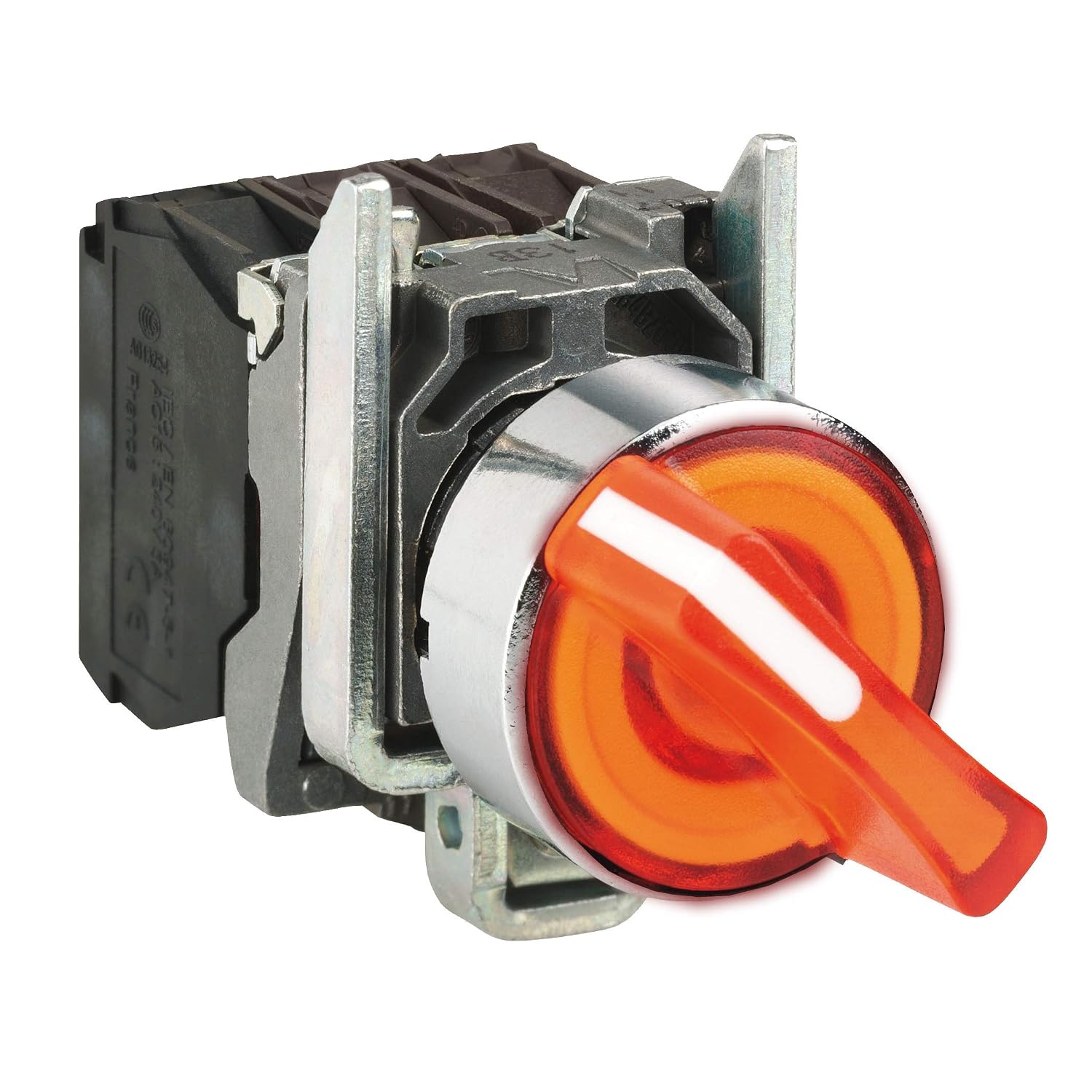 Schneider Electric Illuminated selector switch, Harmony XB4, metal, orange handle, 22mm, universal LED, 2 positions