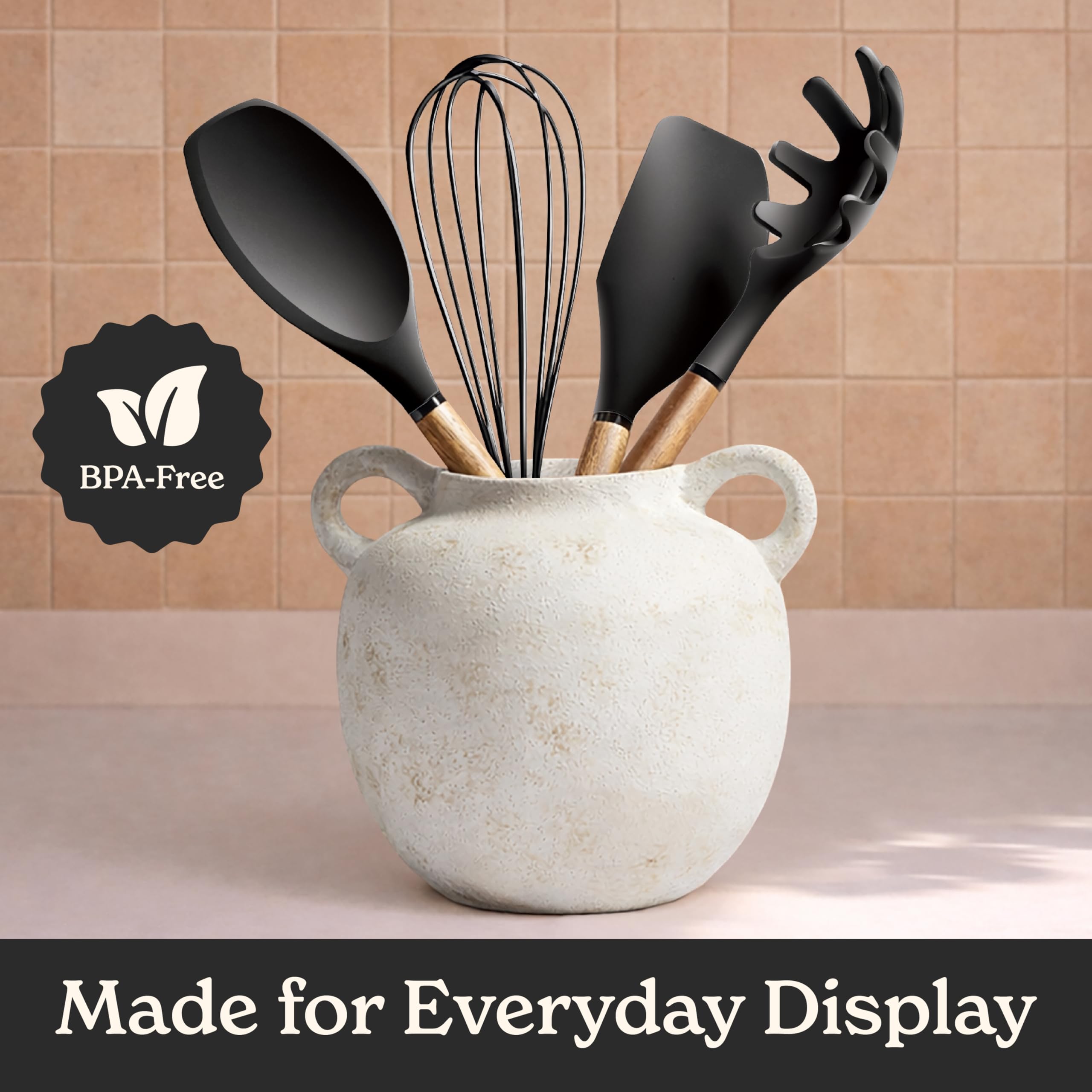 Country Kitchen Juego de 8 utensilios de cocina de silicona y madera, fáciles de limpiar, para utensilios antiadherentes y antirayones, perfecto para regalos