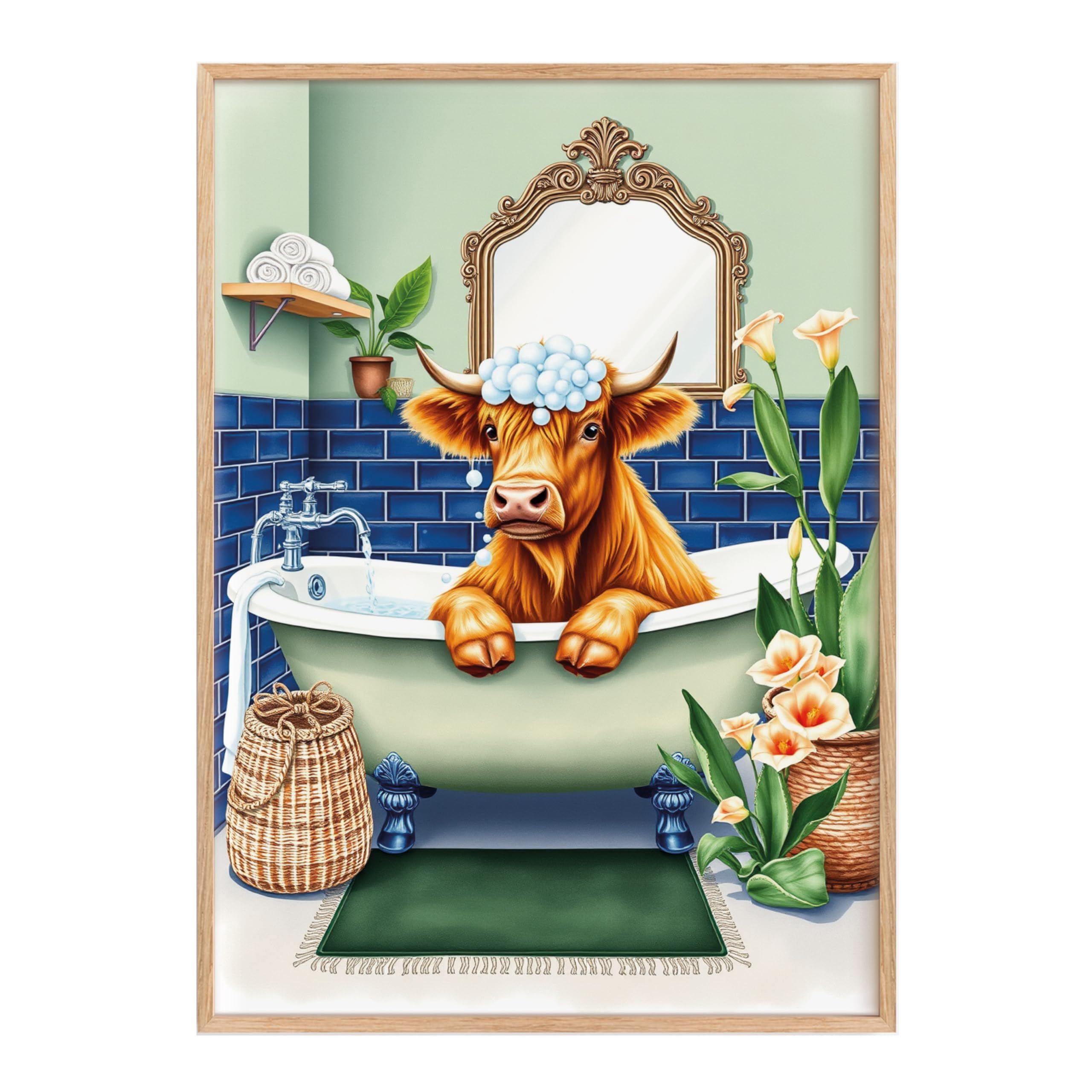 Made by Mika Ltd Funny Bathroom Wall Art Poster Animals (Highland Cow, A3-297x420mm, Oak MDF Frame)