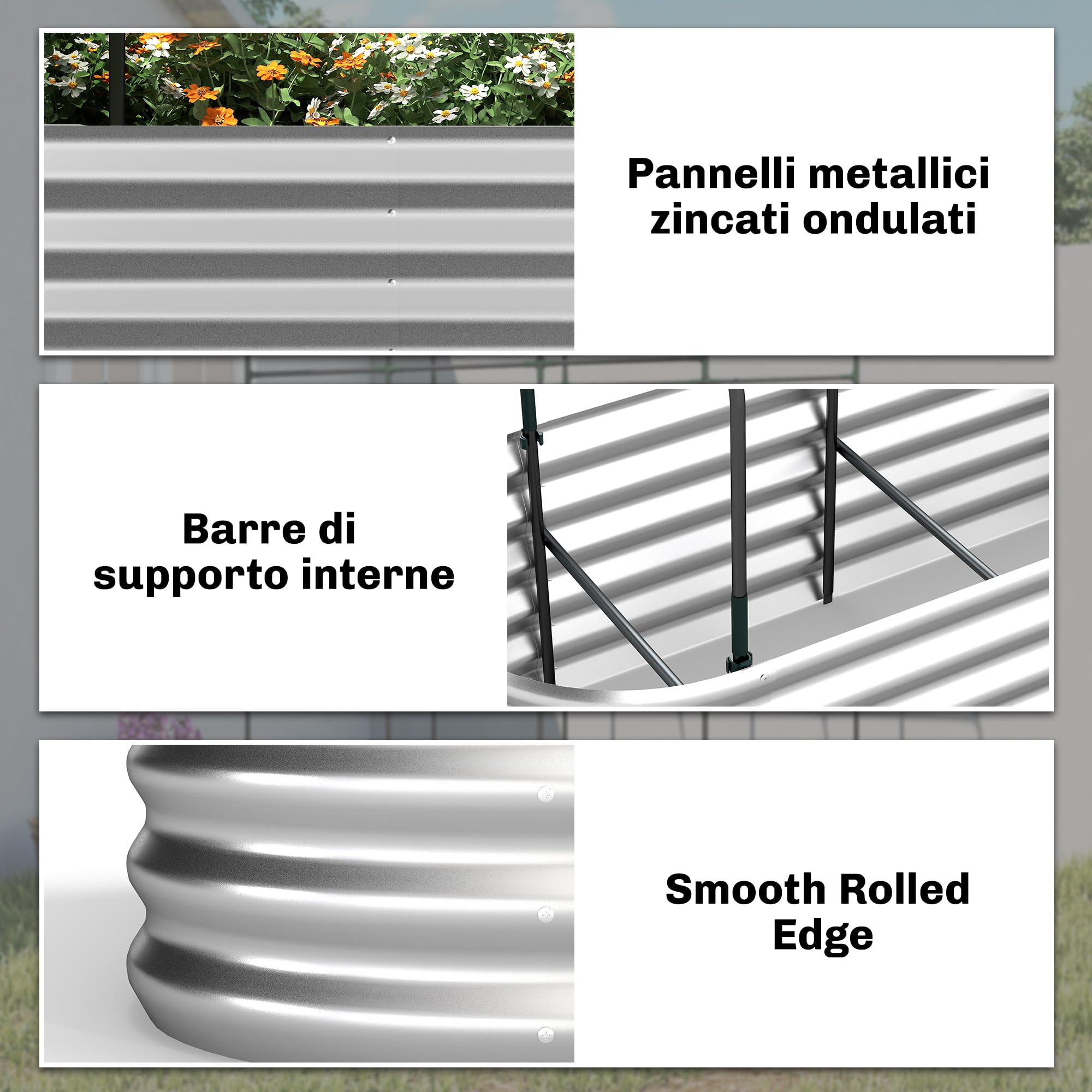 Outsunny Orto Rialzato da Esterno con Graticcio per Piante Rampicanti, Serra Coperture, Fioriera da Esterno Elevata in Acciaio con Fondo Aperto e Guanti, Verdure e Fiori, 200x60x103 cm, Argento