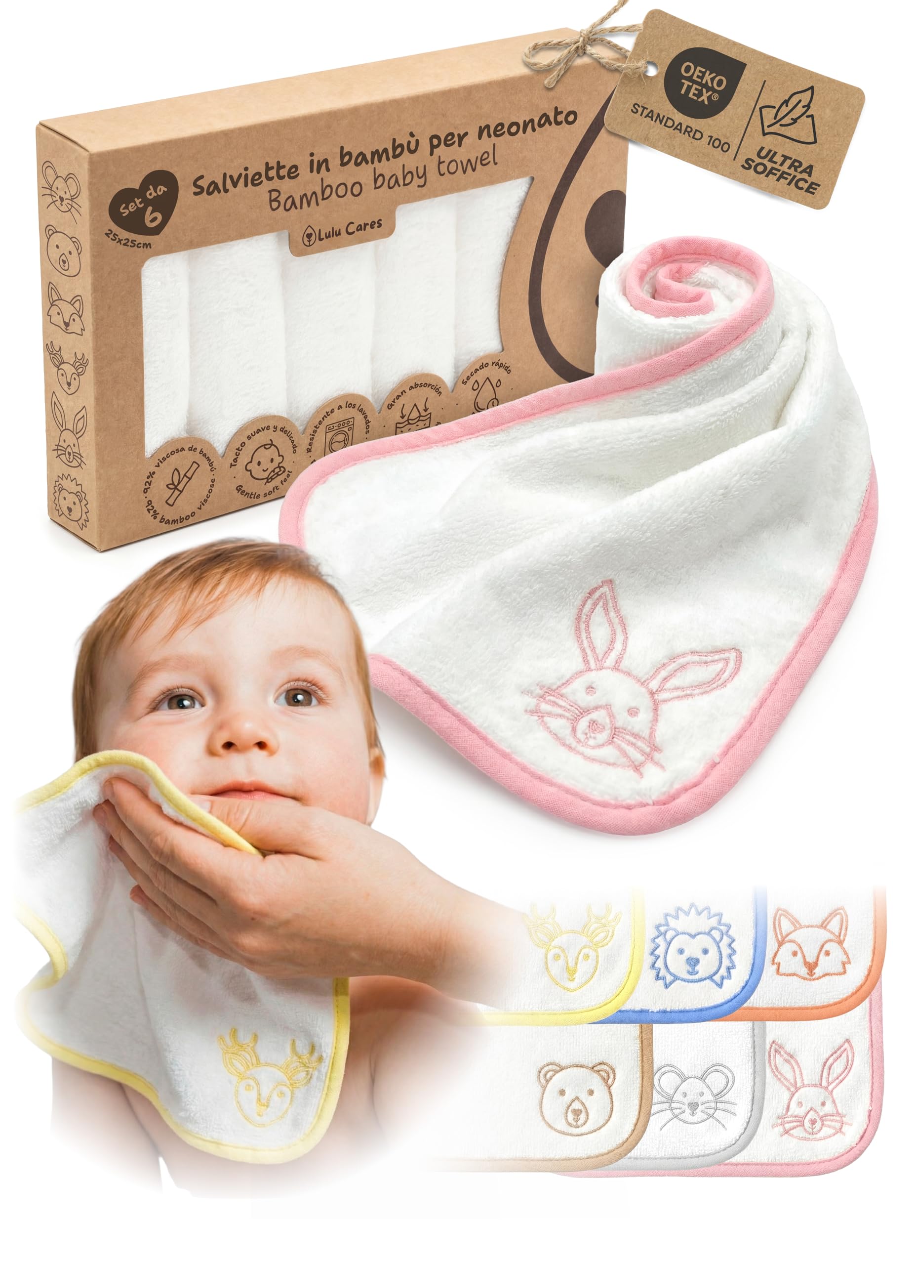 Asciugamani Neonato in Bambù 25x25 cm Set da 6 Lavette Morbide per Viso Mani e Bagnetto Assorbenti Riutilizzabili Delicati sulla Pelle Sensibile per il Cambio e la Cura Quotidiana per Neonati per Casa
