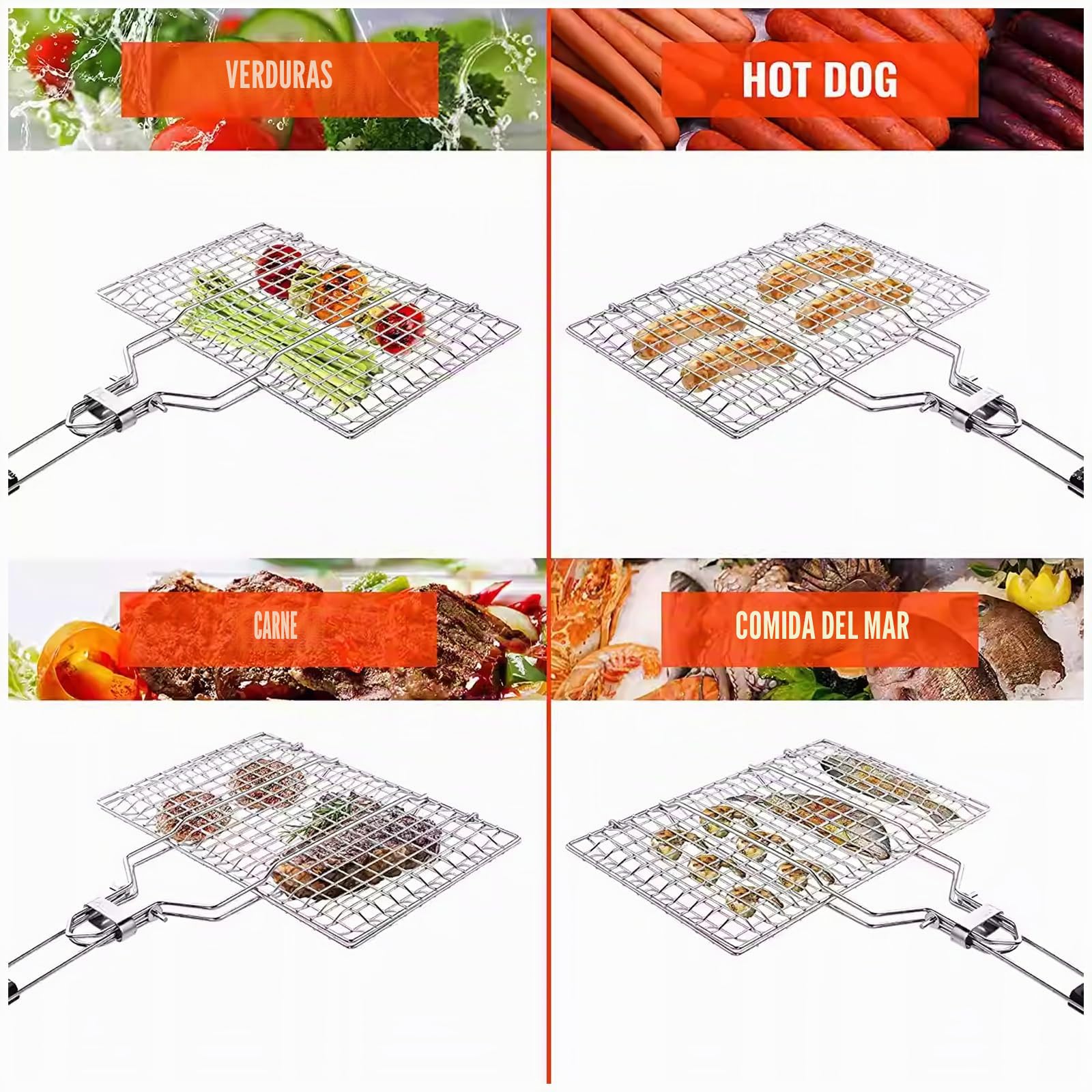 2 cestas portátiles para barbacoa, cesta plegable para pescado, cesta de red plegable de acero inoxidable con asa de madera extraíble para pescado asado, brochetas, verduras, filetes y camarones