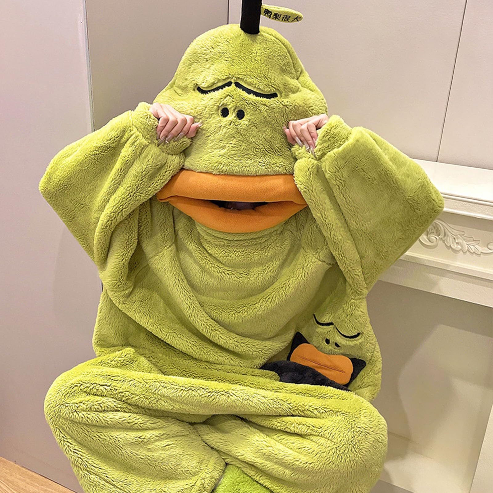 Genérico Pijama Mono de Monstruo Verde para Mujer Hombre, Sudadera con Capucha de Franela, Pijama de Cuerpo Entero Acogedor con Bolsillos, Disfraz Cálido Unisex para Hogar, Halloween y Carnaval