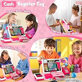 Kids Cash Register Toy Playset, Toddler Prentend Play Store with Real Calculator Cash Register with Scanner/Credit Card/Play Money/Food, Learning Toys for Boys Girls Toddlers(Pink)