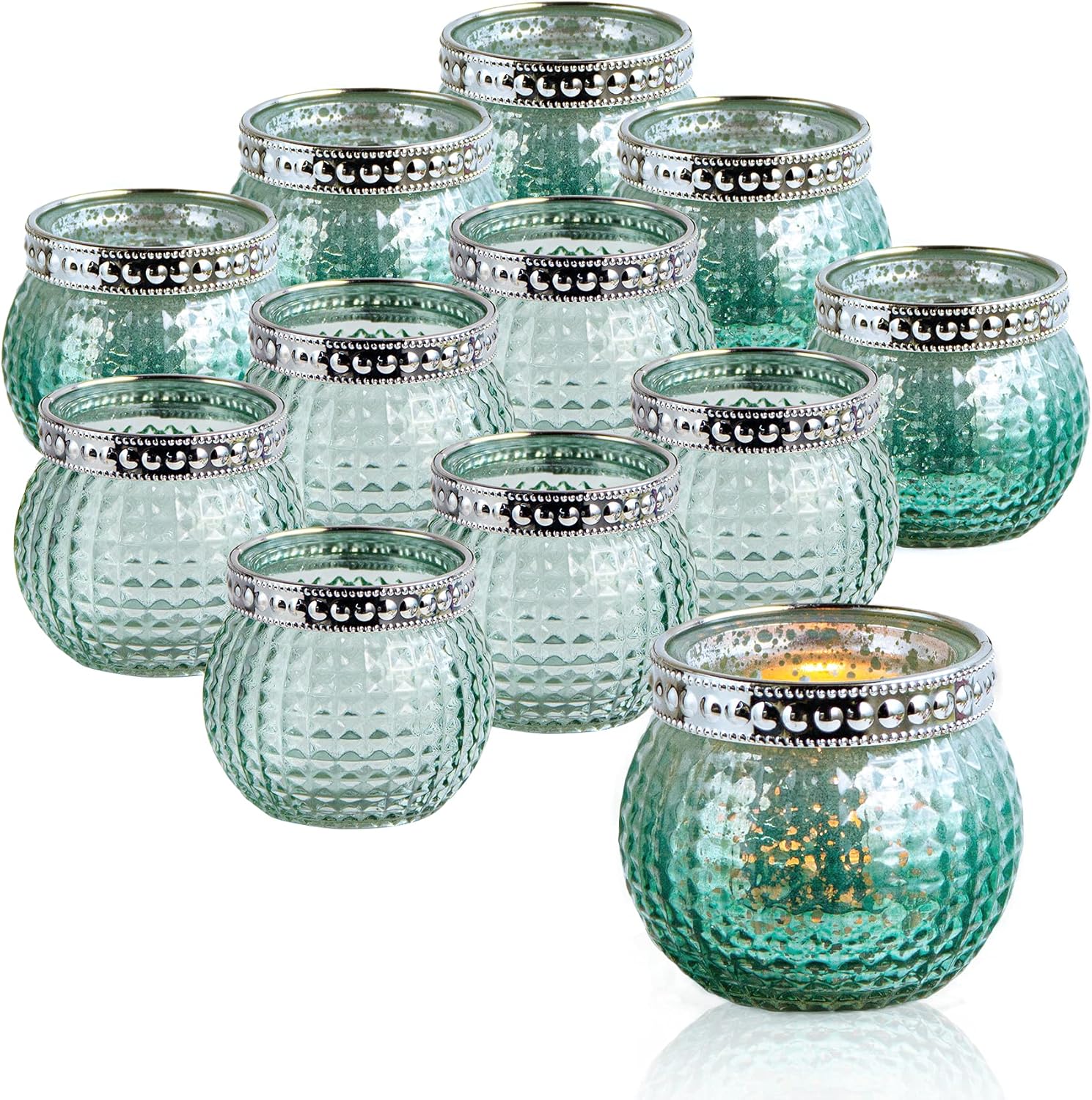 Candle Holder Set of 12, Small Tealight Candle Holder, Vintage Glass Votive Candle Holders for Table Centerpiece Wedding Home Decor Holiday Decor (Green)