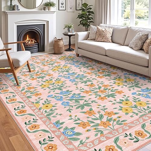 Alfombra floral lavable para sala de estar, alfombra grande de 9 x 12 pulgadas, color rosa, bohemio, resistente a las manchas, con flores botánicas