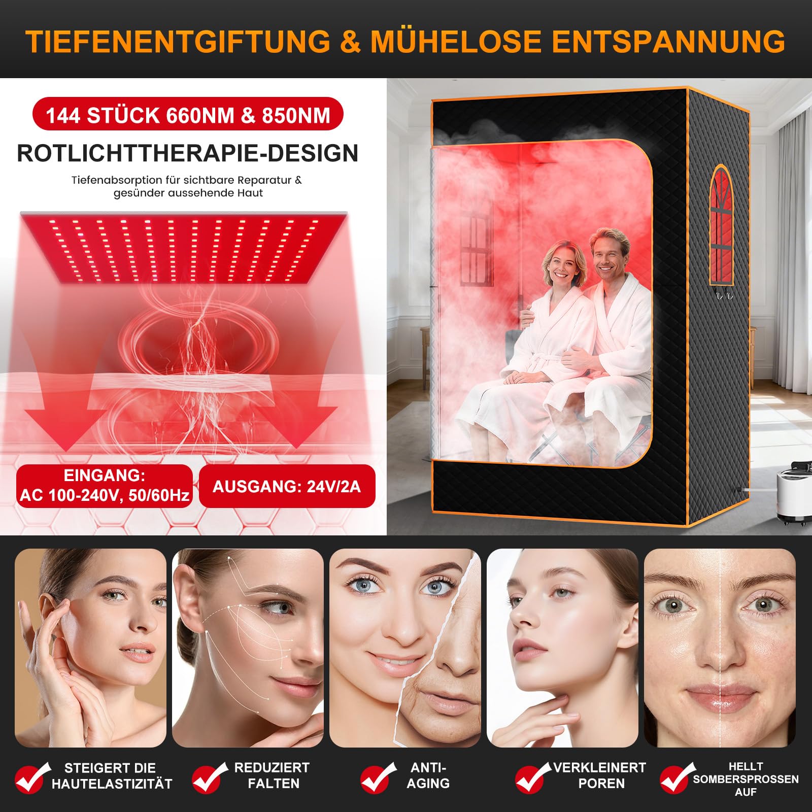 Tragbare Dampfsauna Infrarot Sauna für Zuhause, Saunabox mit 660nm Red Light Therapy, 3 Liter Dampfgenerator, Fernbedienung, Klappstuhl, Tragbare Saunazelt 120 x 90 x 180cm