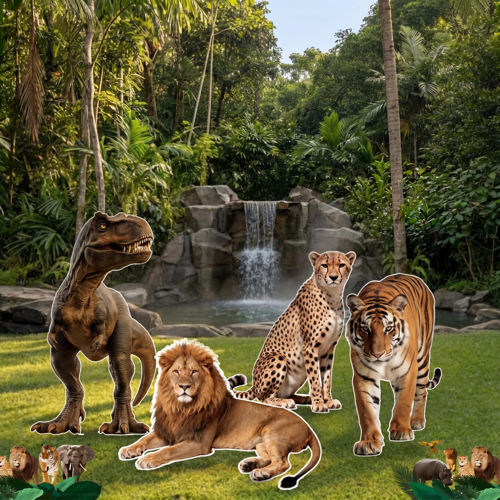 Qunclay 4 Pack Jungle Animals Cardboard Cutout Safari Party Decoration Life Size Dinosaur Lion Tiger Leopard Photo Booth Prop Stand up Display Party Decor for Zoo Wildlife Birthday