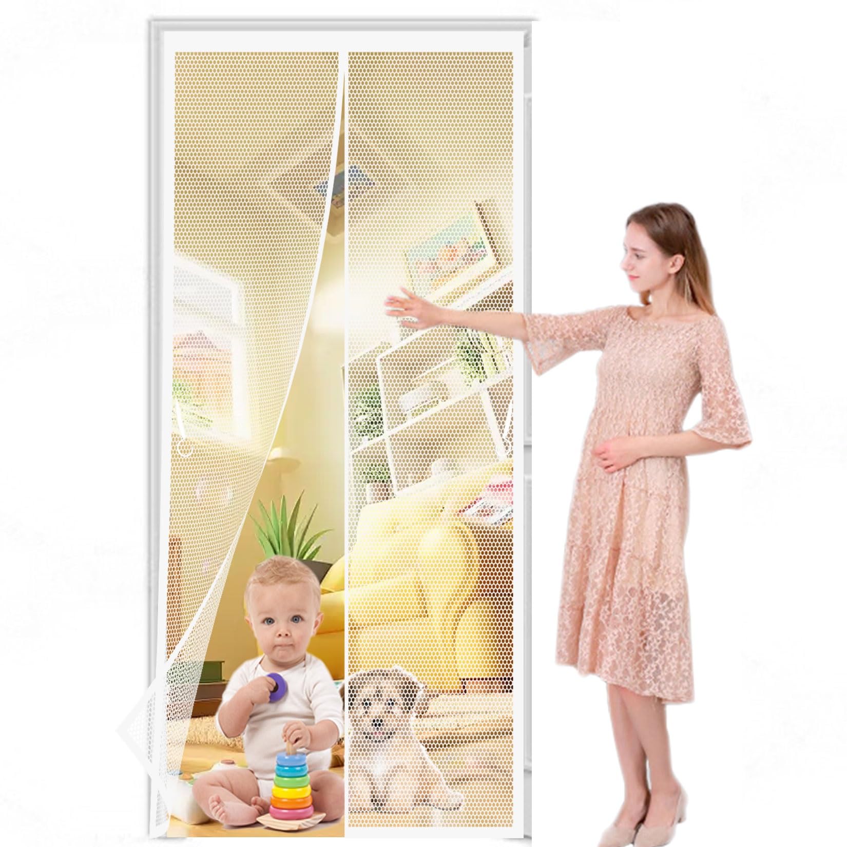 Liujyuan White Magnetic Screen Door 132 X 161 Cm Full Frame Magic Tape, Powerful Magnets Door Screen, Nets Patio Curtain Lets Fresh Air, Easy To Install For Patio Doors Bedroom,