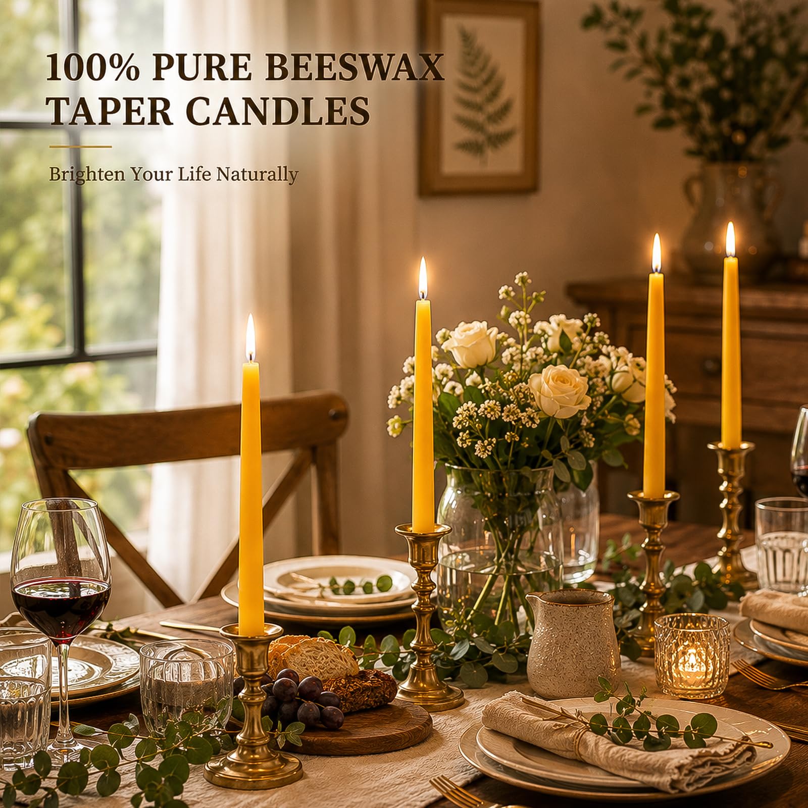 16 paquetes de velas cónicas de cera de abeja de 9 pulgadas, velas de cera de abeja totalmente natural, 10 horas de tiempo de combustión, velas cónicas sin humo y sin goteo para decoración de mesa