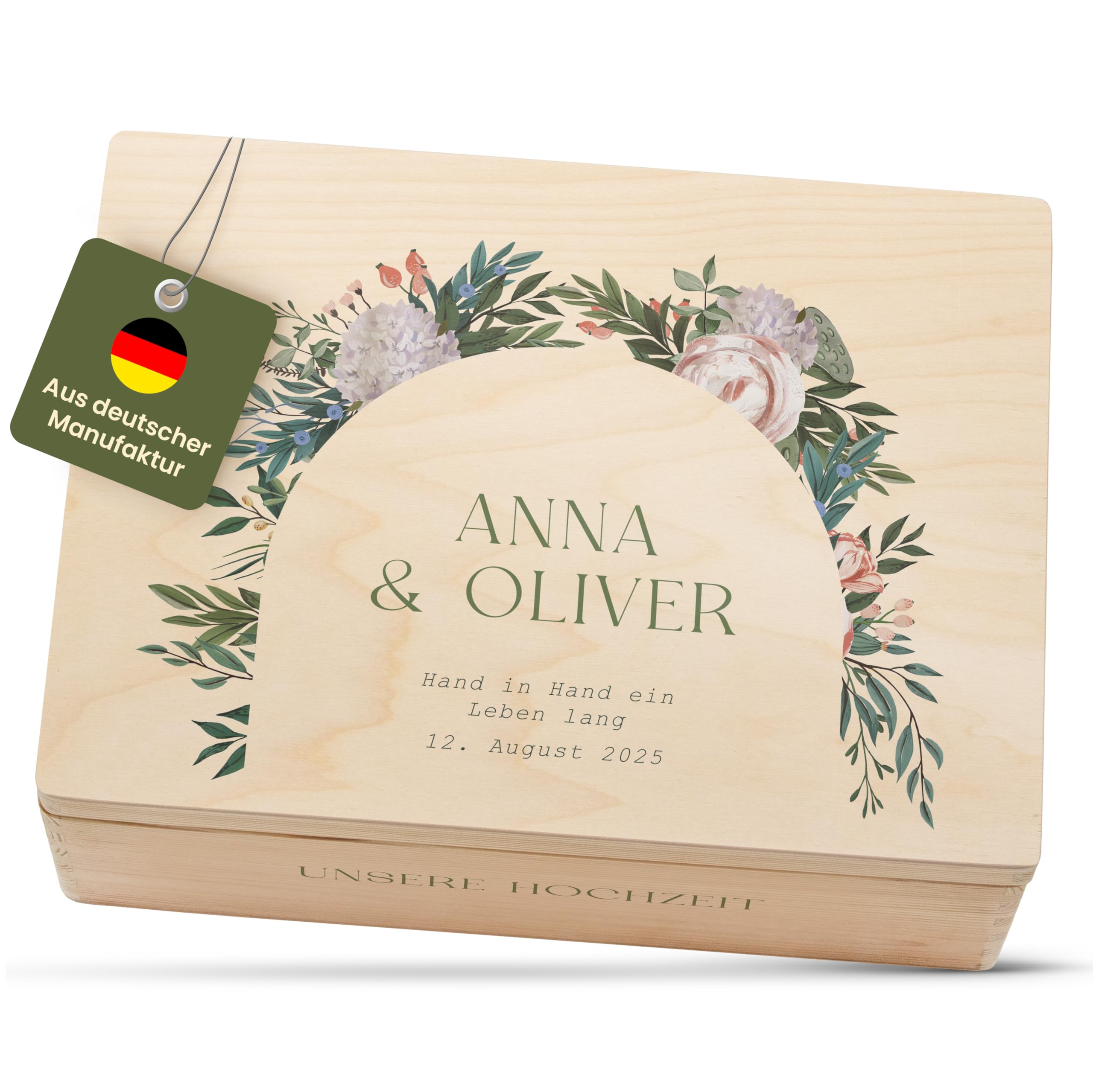 Amari ® Personalisierte Erinnerungsbox aus Holz | Blütenbogen (001.09) | Individuelles Hochzeitsgeschenk Erinnerung Hochzeit Personalisiertes Holzkiste