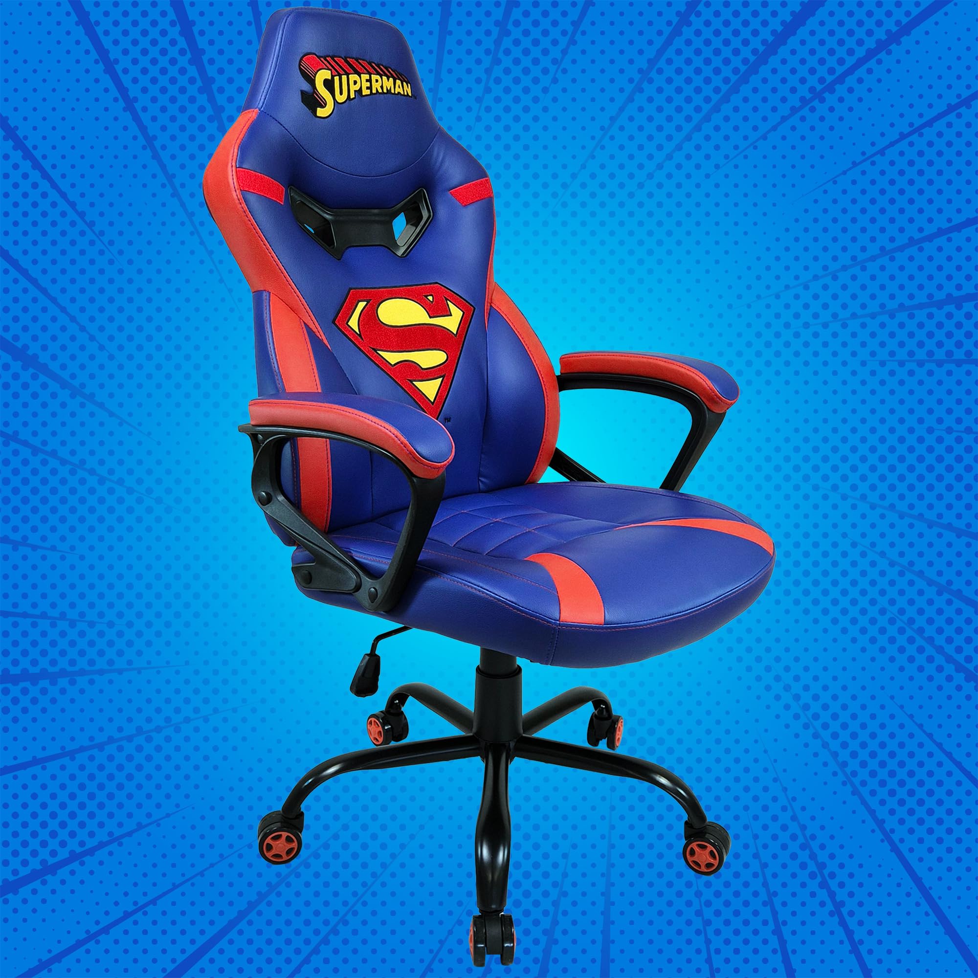 SUBSONIC - Sedia da gaming, sedia da ufficio Superman, sedia da gaming per bambini, comoda seduta a dondolo, poggiatesta e braccioli integrati, schienale ergonomico, altezza regolabile - Blu e rosso