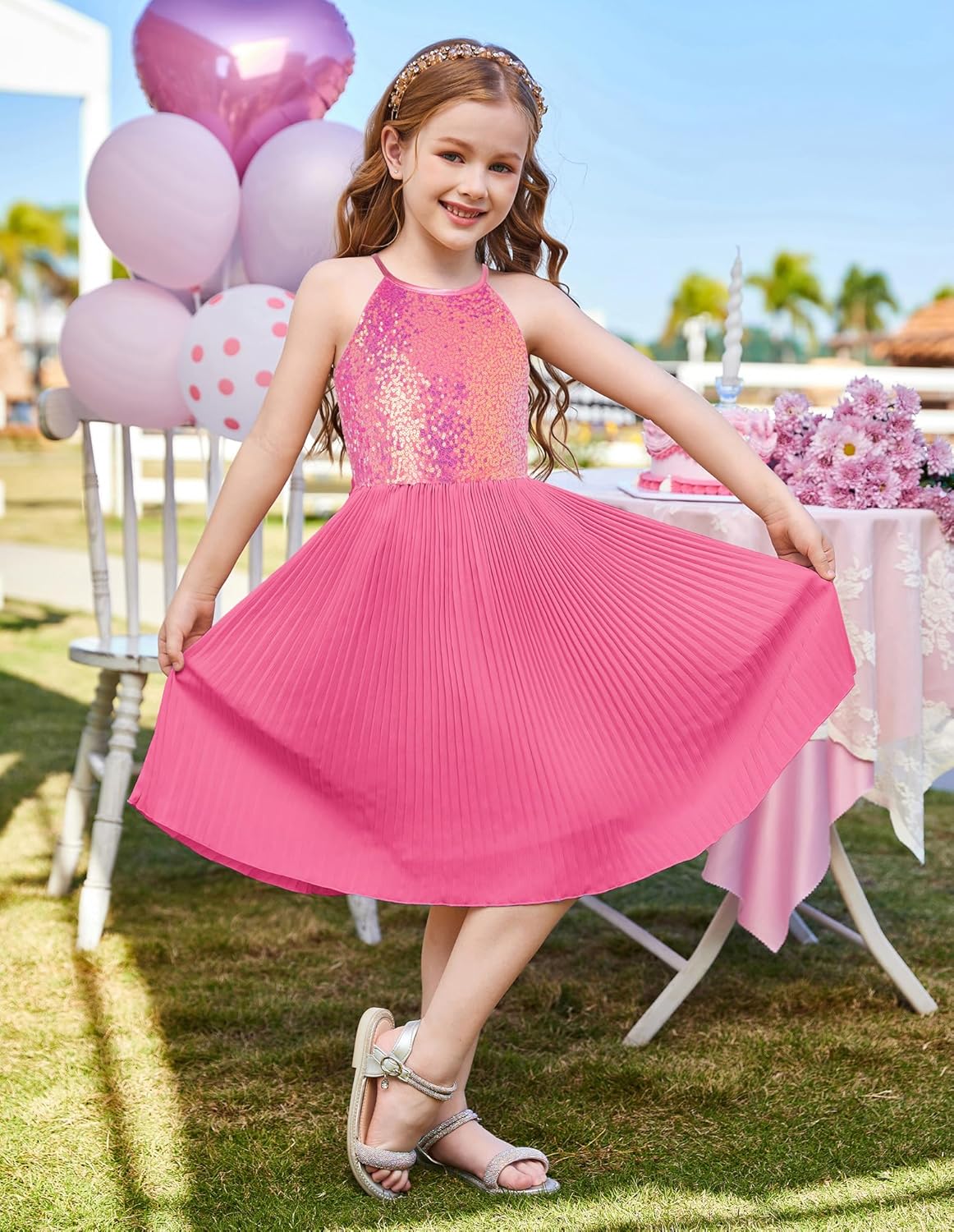 GRACE KARIN Girls Sequin Dress Christmas Party Dance Formal Birthday Fancy Sparkly Halter Chiffon Dresses Size 5-14