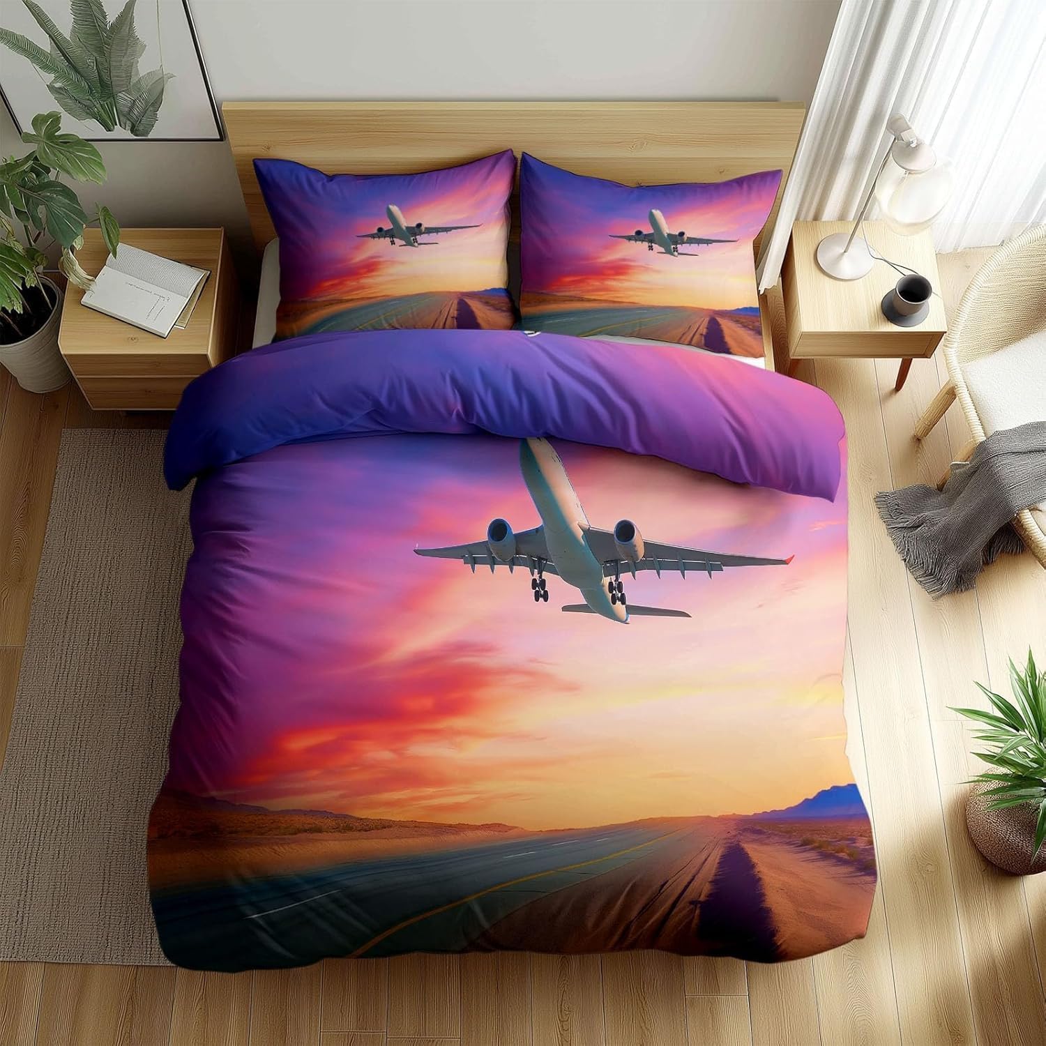 Poszwa na kołdrę 220x240 Samolot Theme Zestaw pościeli 2-osobowej Drukowany kolorowy wzór 3D Miękka mikrofibra Samolot Dwustronna poszwa na kołdrę z 2 poszewkami na poduszki m6460