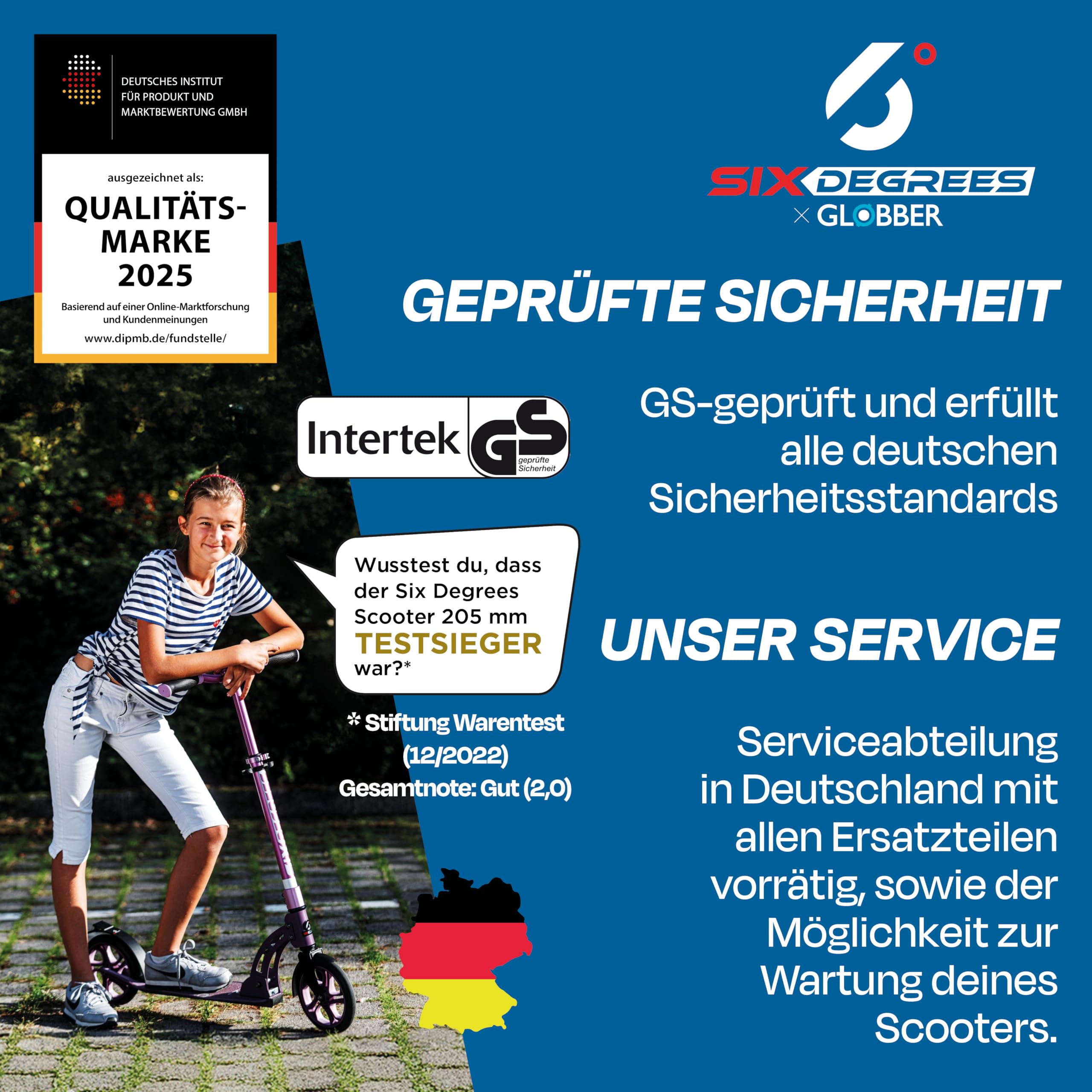 Six Degrees Aluminium Scooter mit Klappmechanismus, Ständer, 205 mm TESTSIEGER, ABEC 7, höhenverstellbar, GS-geprüft