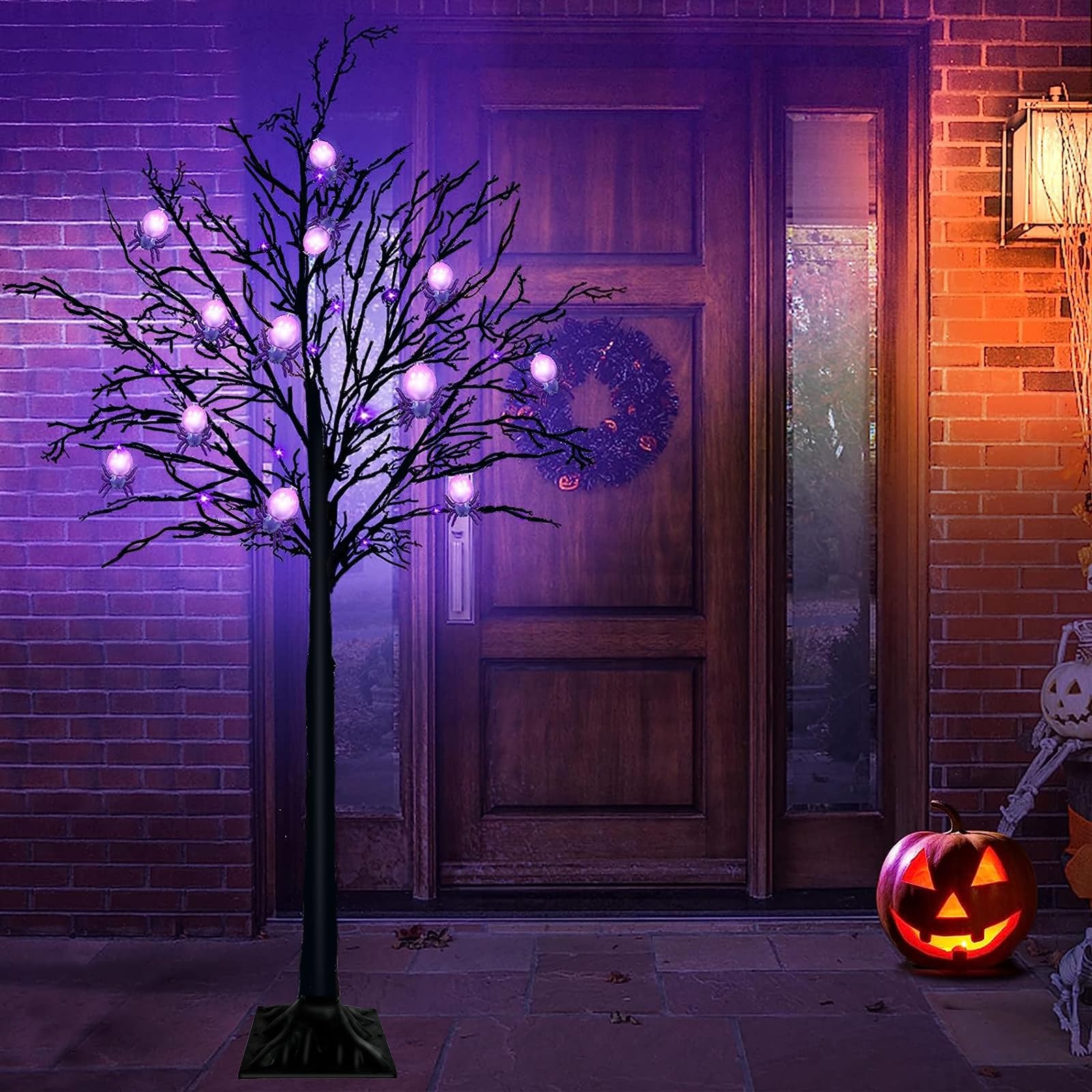 TURNMEON 5 Ft Lighted Halloween Tree - 64 Orange & Purple LEDs With Timer, Includes 8 Pumpkins & 8 Spiders - View #4