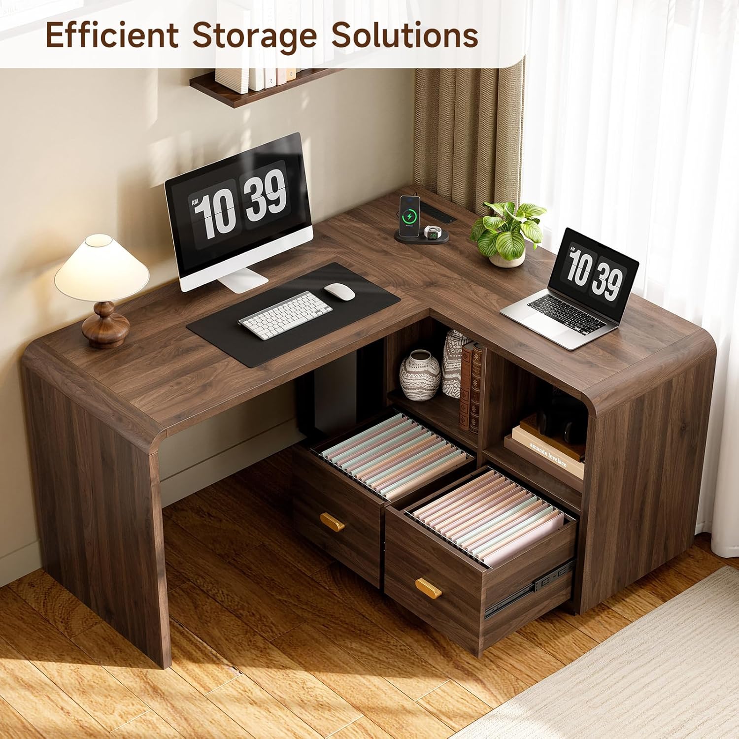 Diagram showing the dimensions of the ONBRILL L-shaped desk, including length, width, and height measurements for the desktop and storage unit.