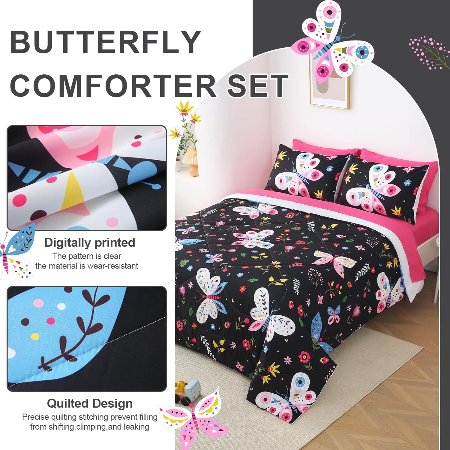 Girls Butterfly Comforter Set Queen Size Black 7 Piece Bed in A Bag Colorful Flowers Leaves Bedding Set for Kids Teens Adults Super Soft All Season