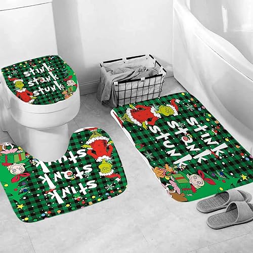 Miniatura 4 de LIN&BABAY Juego de 4 cortinas de ducha de Navidad, juegos de baño de Navidad con alfombras antideslizantes, cubierta para tapa de inodoro y tapete