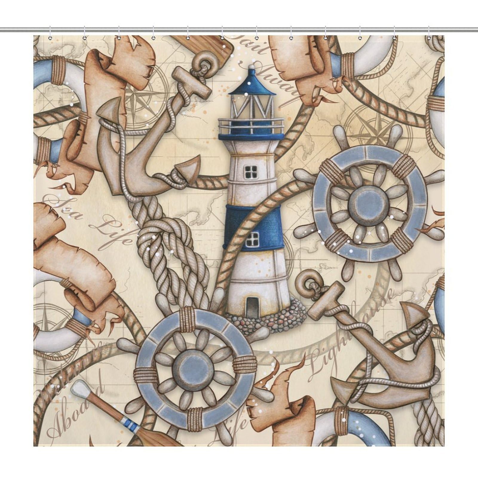BenYaSong Nautical Anchors Shower Window Curtain, Watercolor Nautical Theme Polyester Waterproof Cloth Bathroom Curtain with 12 Hooks 72x72Inch（183x183cm）