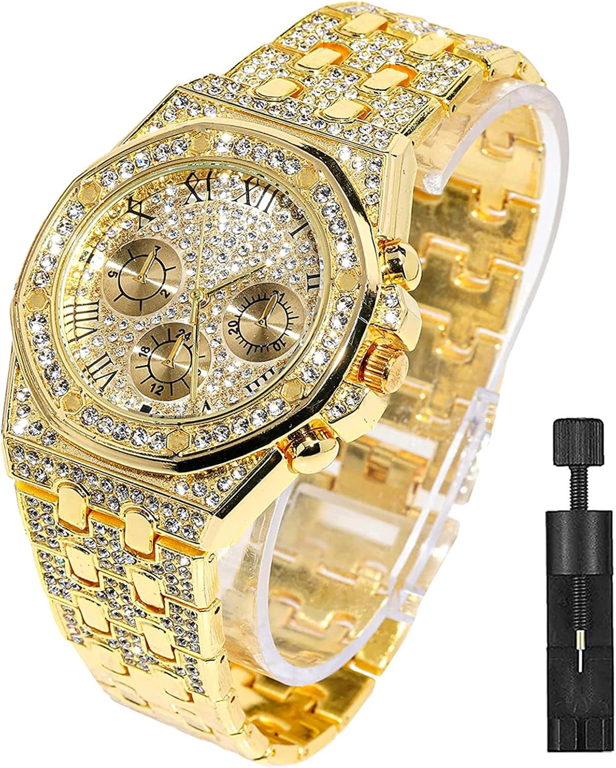 Apzzic Diamond Iced Out Watch CZ Gold Plated 40mm Width Roman Numerals Dial Quartz Wristband Watch for Men Women