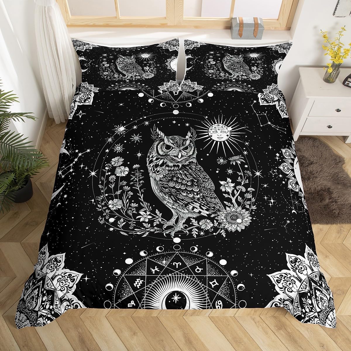 Loussiesd Sun Moon Owl Duvet Cover Double Size 3D Animal Printed Bedding Set Women Men Ultra Soft Bird Decor Comforter Cover Set Cartoon Owls Bedspread Cover Room Decor Bedclothes Zipper