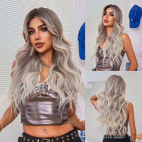Long Ombre Brown Ash Blonde Wavy Wig with Bangs for Women Natural Butterfly Haircut Gray Ash Platinum Dark Roots Layered Wavy Synthetic Wigs Curtain Bangs Curly Hair Daily Party Dating 26In