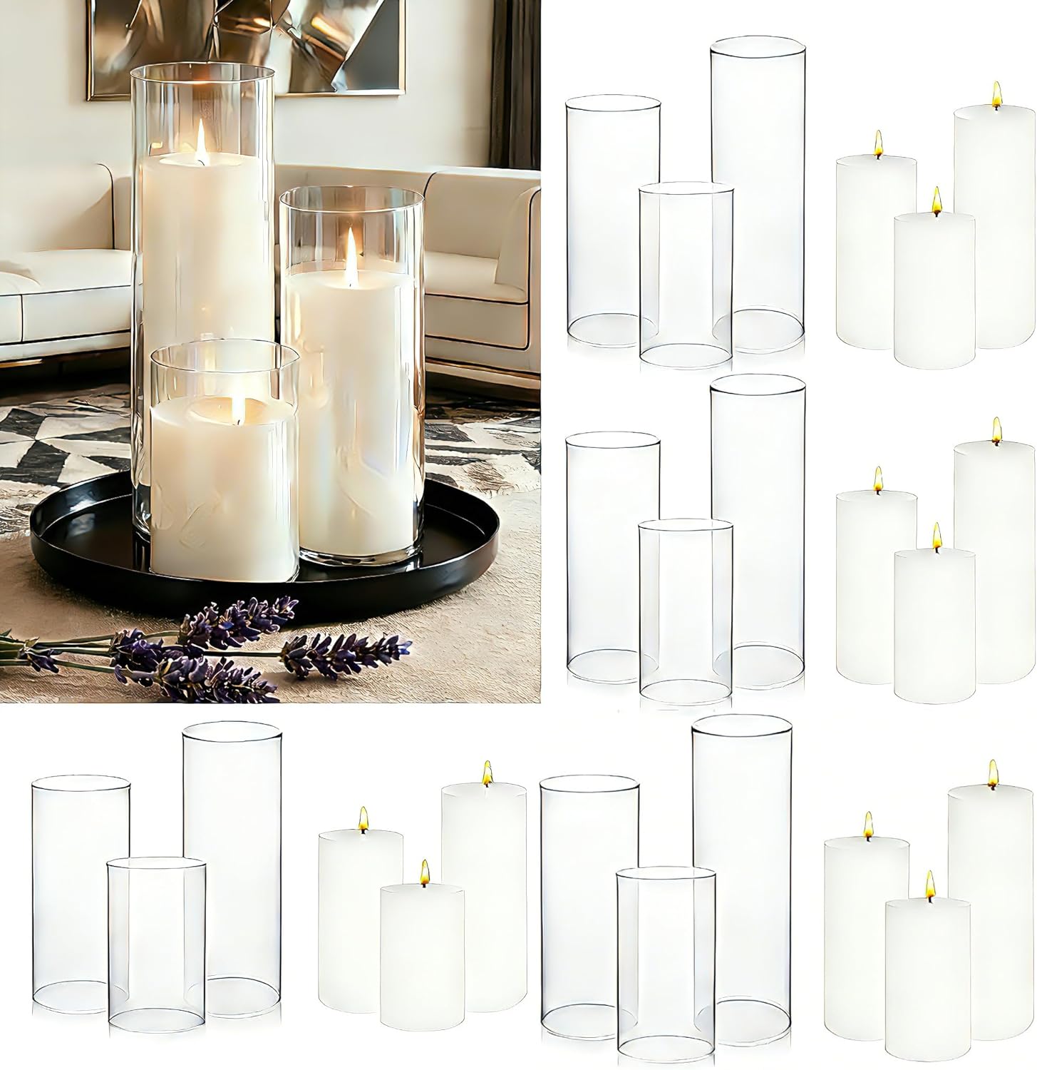 24 Pcs White Pillar Candles and Glass Cylinder Vases Clear Glass Pillar Candle Holders Hurricane Glass Candle Holders for Table Centerpieces Wedding, Party, Event, Home Office
