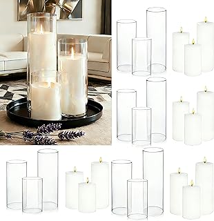 24 Pcs White Pillar Candles and Glass Cylinder Vases Clear Glass Pillar Candle Holders