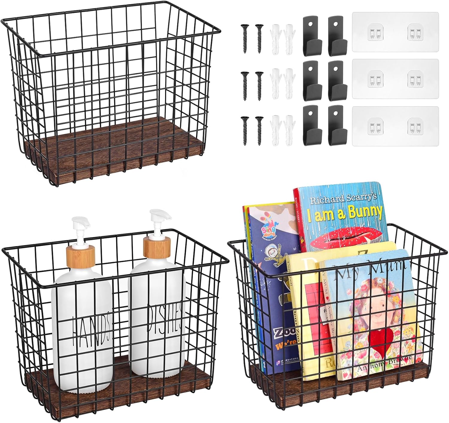 Wall Hanging Baskets 3 Pack, Diversified Wire Basket Shelves of Wooden Style, with Wall Mounted Hooks & Traceless Stickers, for Kitchen Coffee Bar Office Room Garage Storage Organization (Large) Wall Hanging Baskets 3 Pack, Diversified Wire Basket Shelves of Wooden Style, with Wall Mounted Hooks & Traceless Stickers, for Kitchen Coffee Bar Office Room Garage Storage Organization (Large)