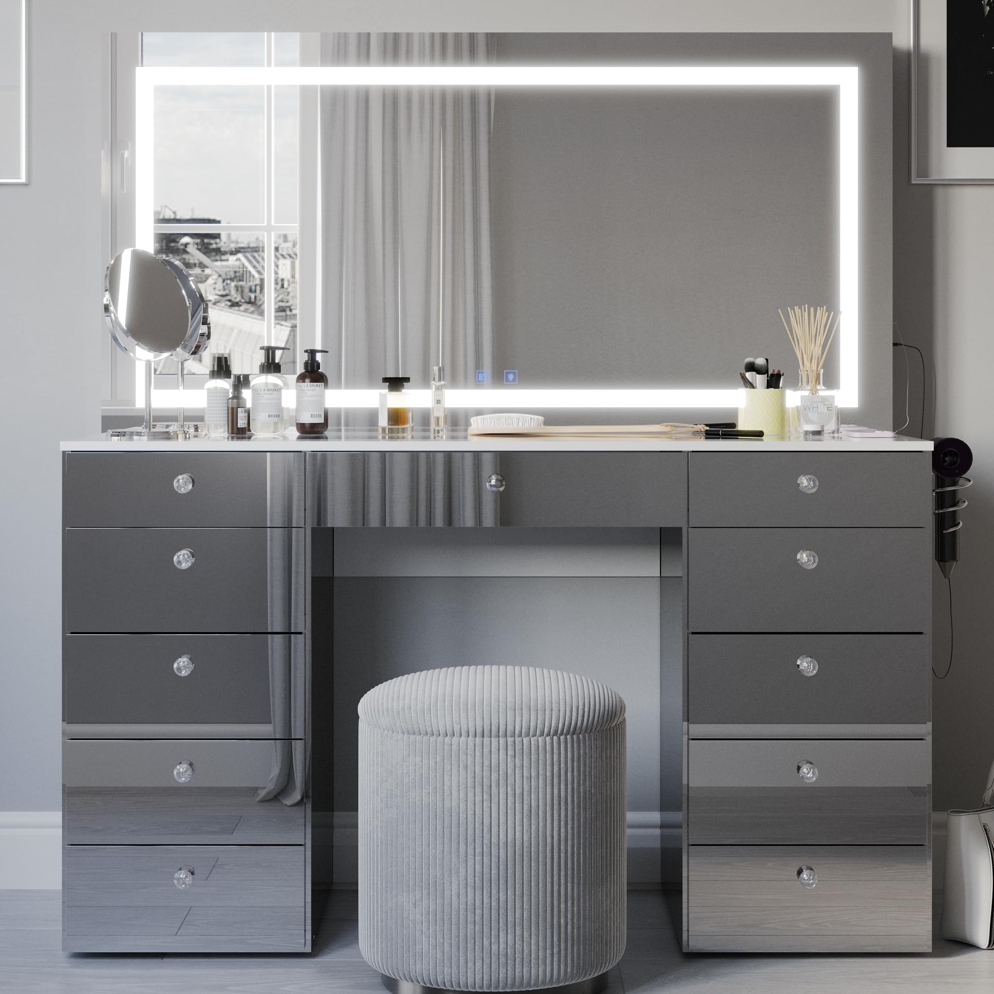 Boahaus Makeup Vanity Desk w/LED Mirror, Bluetooth Speakers, 11 Drawers, USB-C & USB-A Ports, Glass Top
