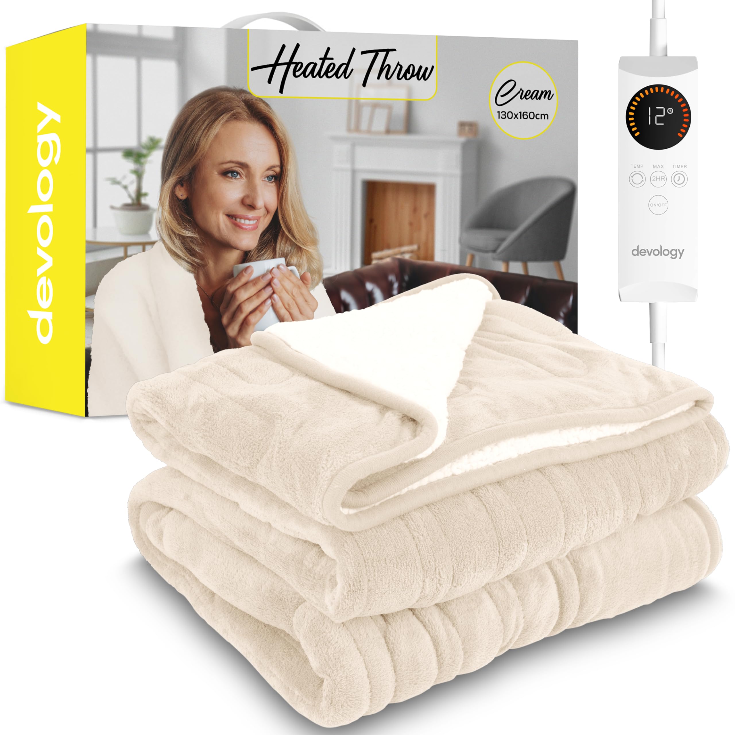 Devology Cream Shearling Heated Throw - Electric Blanket - Digital Controller - Timer Up To 12 Hours, 6 Heat Settings, Auto Shutoff - Machine Washable - Single 130X160cm - Cream