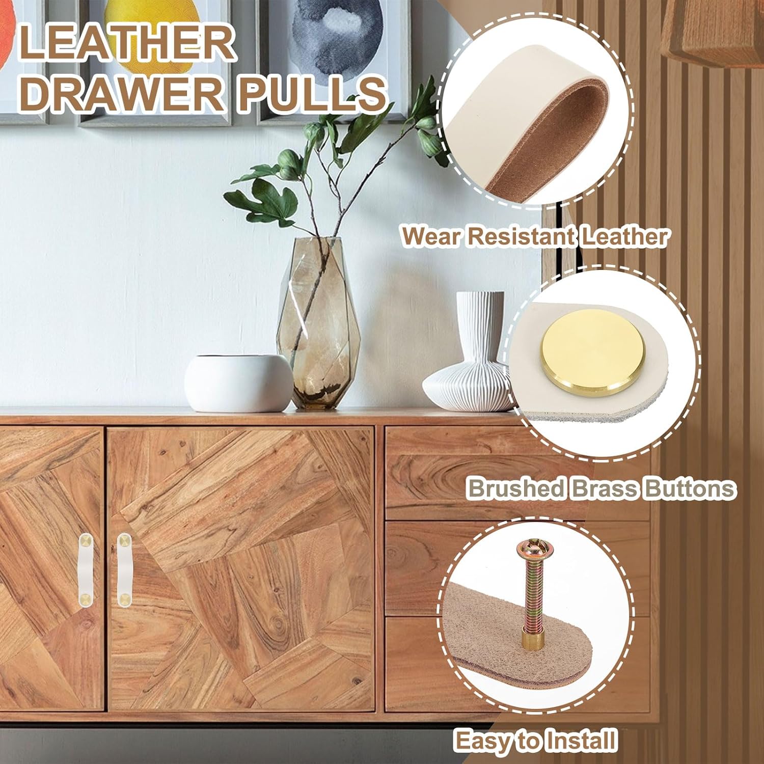 PATIKIL Leather Drawer Pulls, 4 Pack Leather Handle Center Cabinet Dresser Knobs with Screws for Dresser Cupboard Closet Doors, Cream