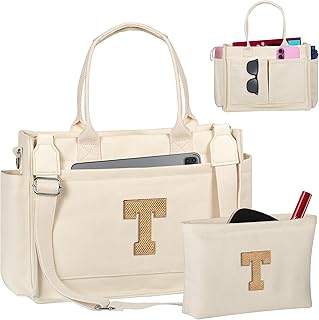 Christmas Gifts for Women Teen Girls, Initial Tote Bag with Zipper, Letter Canvas Tote Purse for College Work Laptop