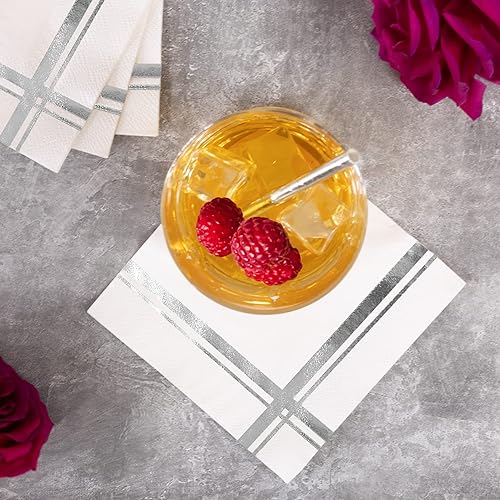 Miniatura 3 de Servilletas de cóctel plateadas sobre blanco, paquete de 100, 5 x 5 pulgadas, papel de 3 capas, nombre del estilo Blissful Crossing