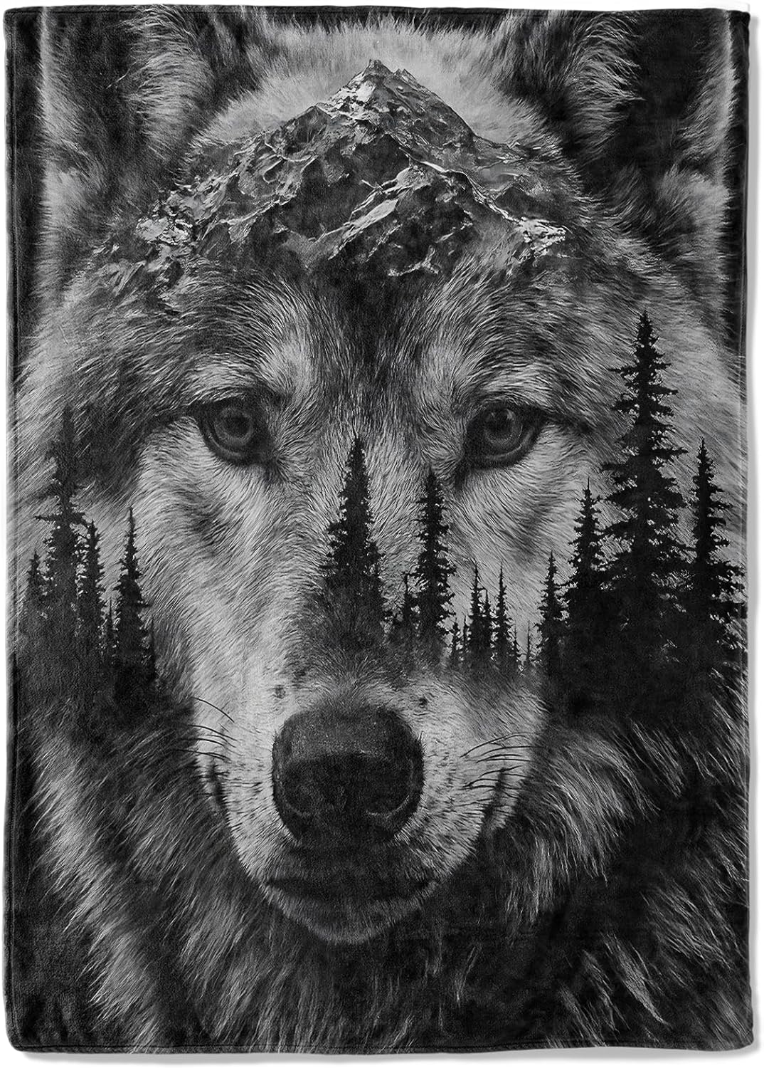 coedoaes Wolf Mountain Forest Fleece Blanket,50x60in,Black White Art Wild Animal Nature Landscape Throw Blankets,Soft Cozy Lightweight, Ideal for Bed Living Room Home Decor,Men Gifts