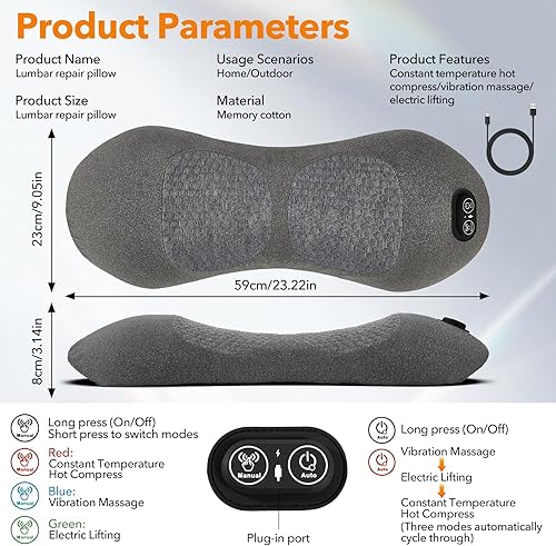 Miniatura 2 de Almohada eléctrica 3 en 1 para masaje lumbar, masajeador de espalda con calor, altura ajustable para cama y silla, almohada de apoyo de espalda para