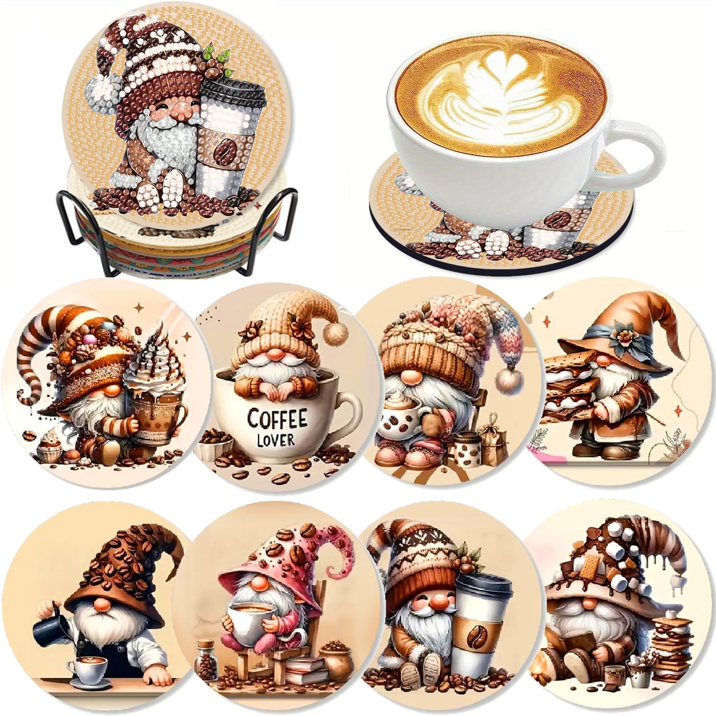 Clendo 8 Pcs Coffee Gnome DIY 5D Small Diamond Painting Coasters Kit - Round, Acrylic & Cork, Coffee