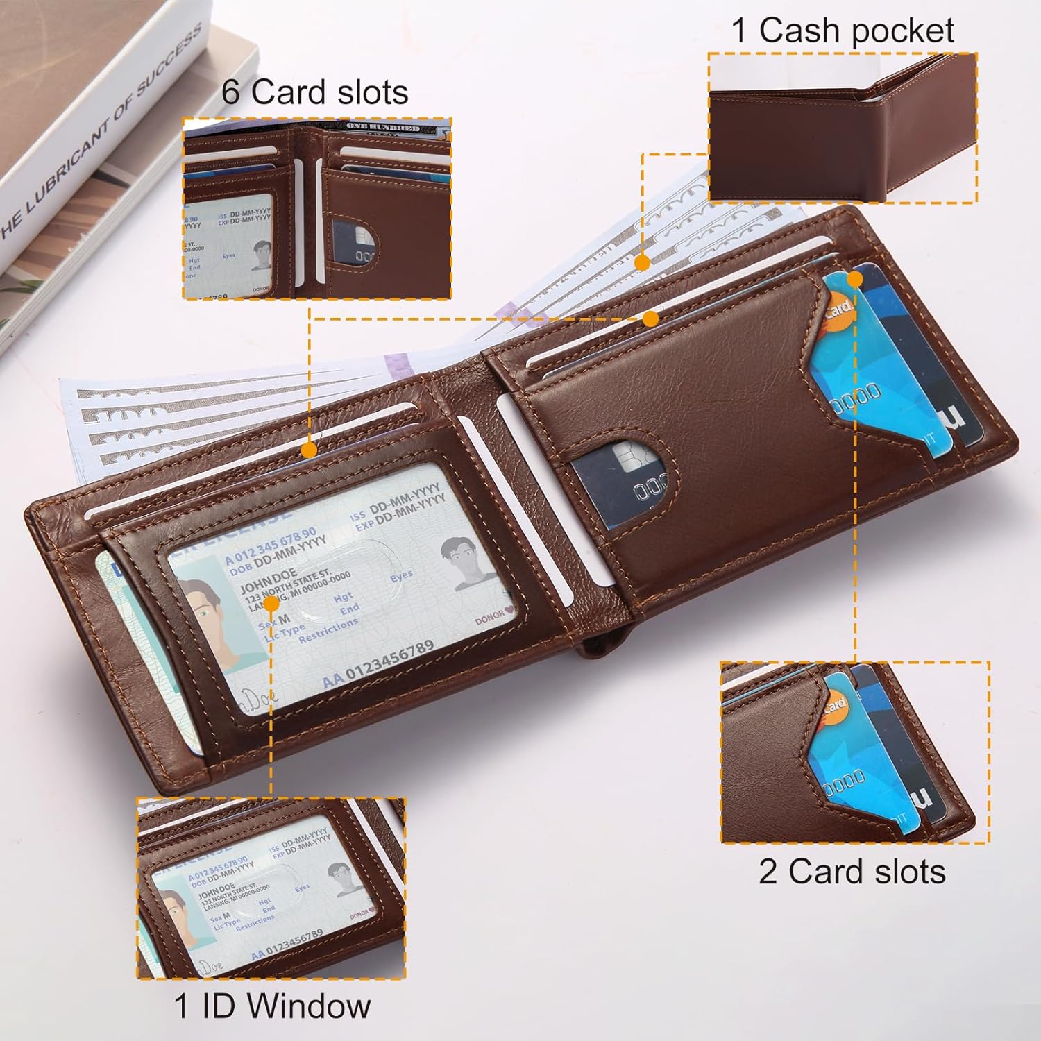 bifold leather wallets for men rfid blocking,slim mens minimalist wallet 8 card slot with 1 ID window（coffee） - Image 3