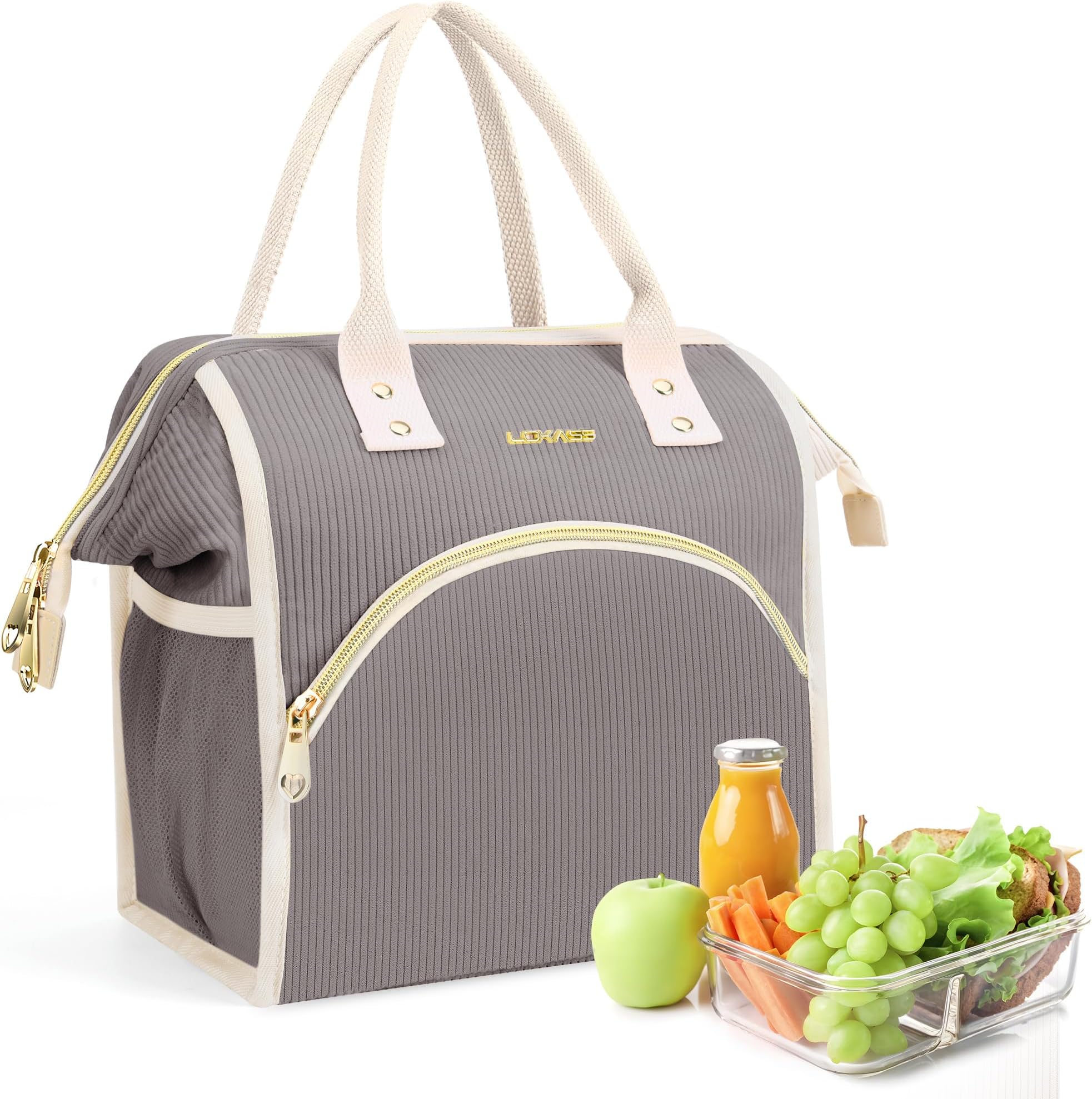 LOKASS Lunch Bag Women Insulated Lunch Box Wide-Open Lunch Tote Bag Large Cooler Bag for Work Picnic Hiking Beach（Dark Gray）
