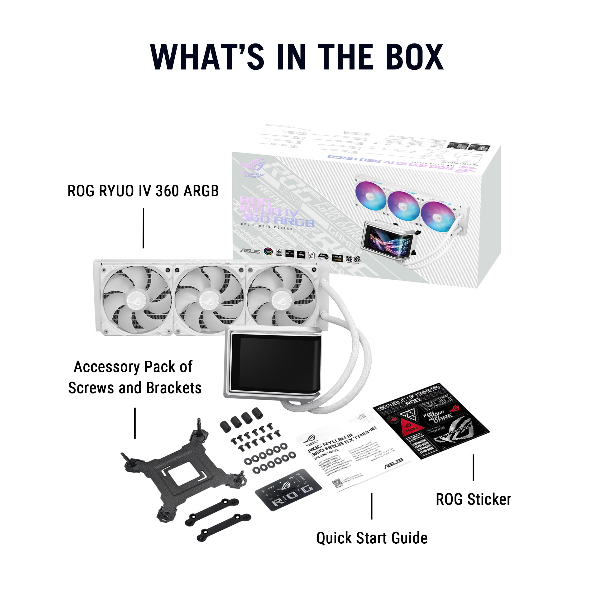 ASUS ROG RYUO IV 360 ARGB WHT, Dissipatore a Liquido con Schermo Curvo 2K AMOLED da 6,67" per Effetti 3D, Tubi da 400mm, Ventole ARGB, Compatibile con Intel LGA 1851 e 1700 e AMD AM5 e AM4, Bianco