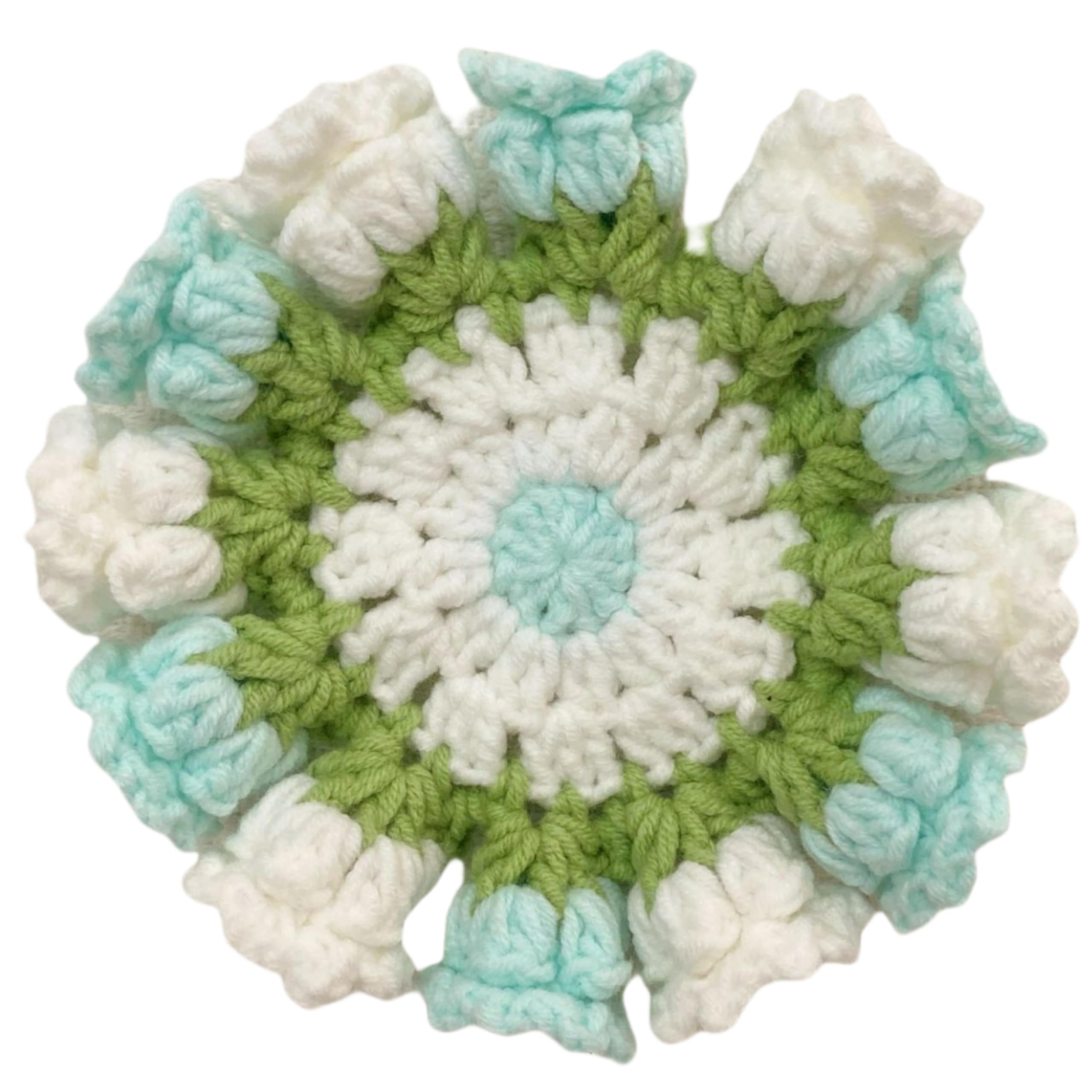 Finished Handmade Rose Bouquet Coaster, Soft Crochet Rose Bouquet Coaster, Handmade Flower Knitted Tabletop Flower Crochet Coasters for Coffee Mug,Home Decor (White&Blue)